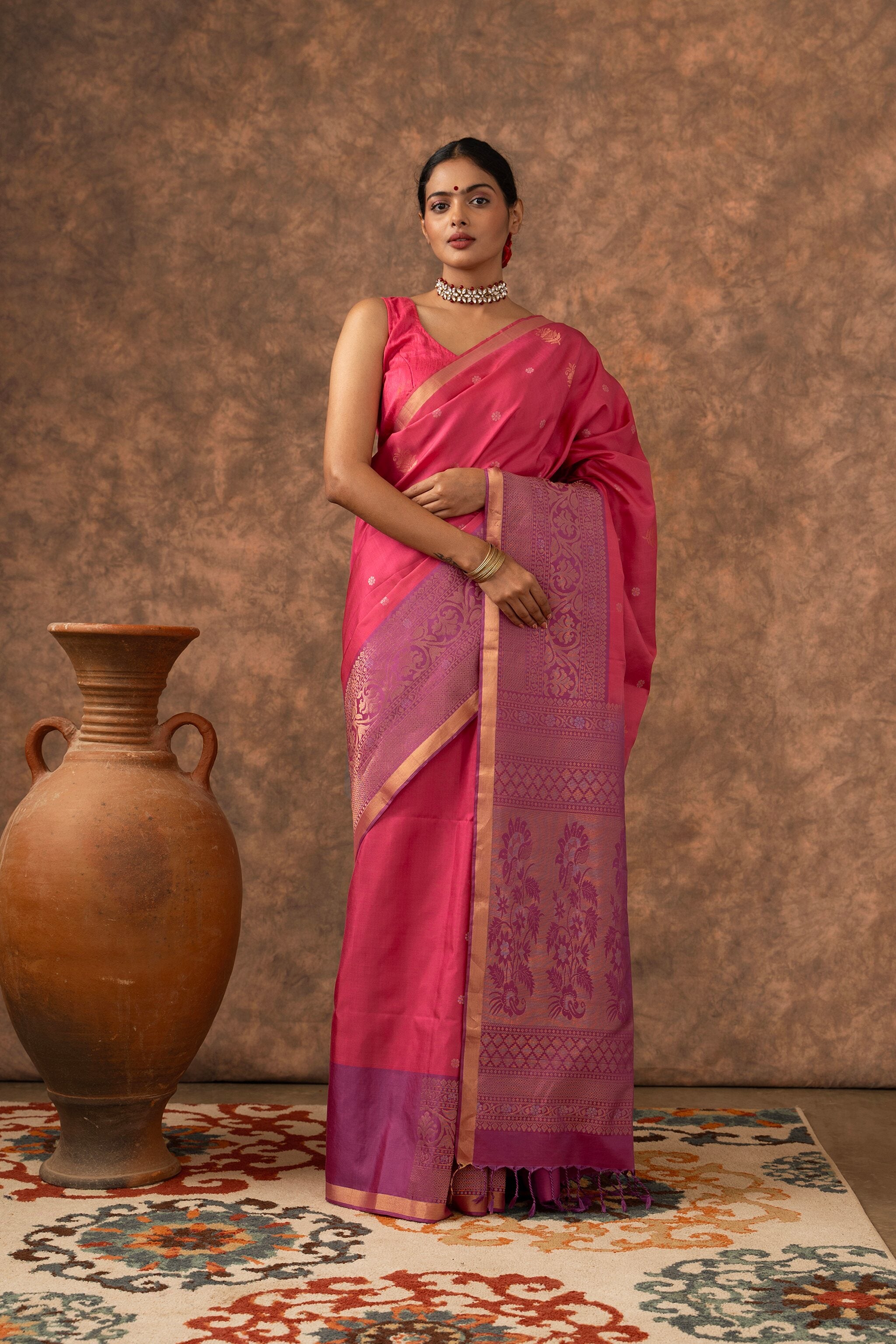 Handwoven Fuchsia Pink and Lavender Kanjeevaram Soft Silk (Double Warp)
