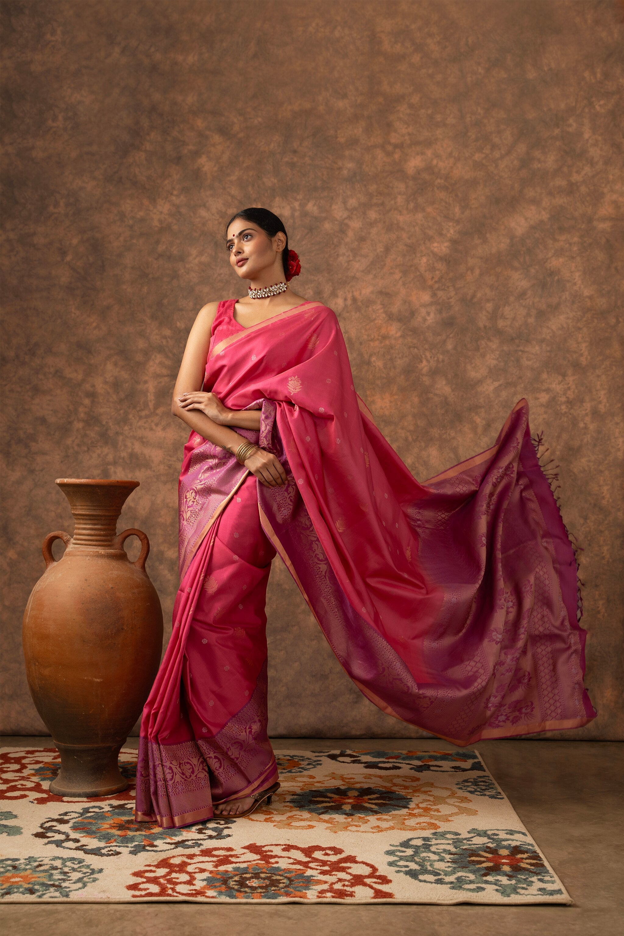 Handwoven Fuchsia Pink and Lavender Kanjeevaram Soft Silk (Double Warp)