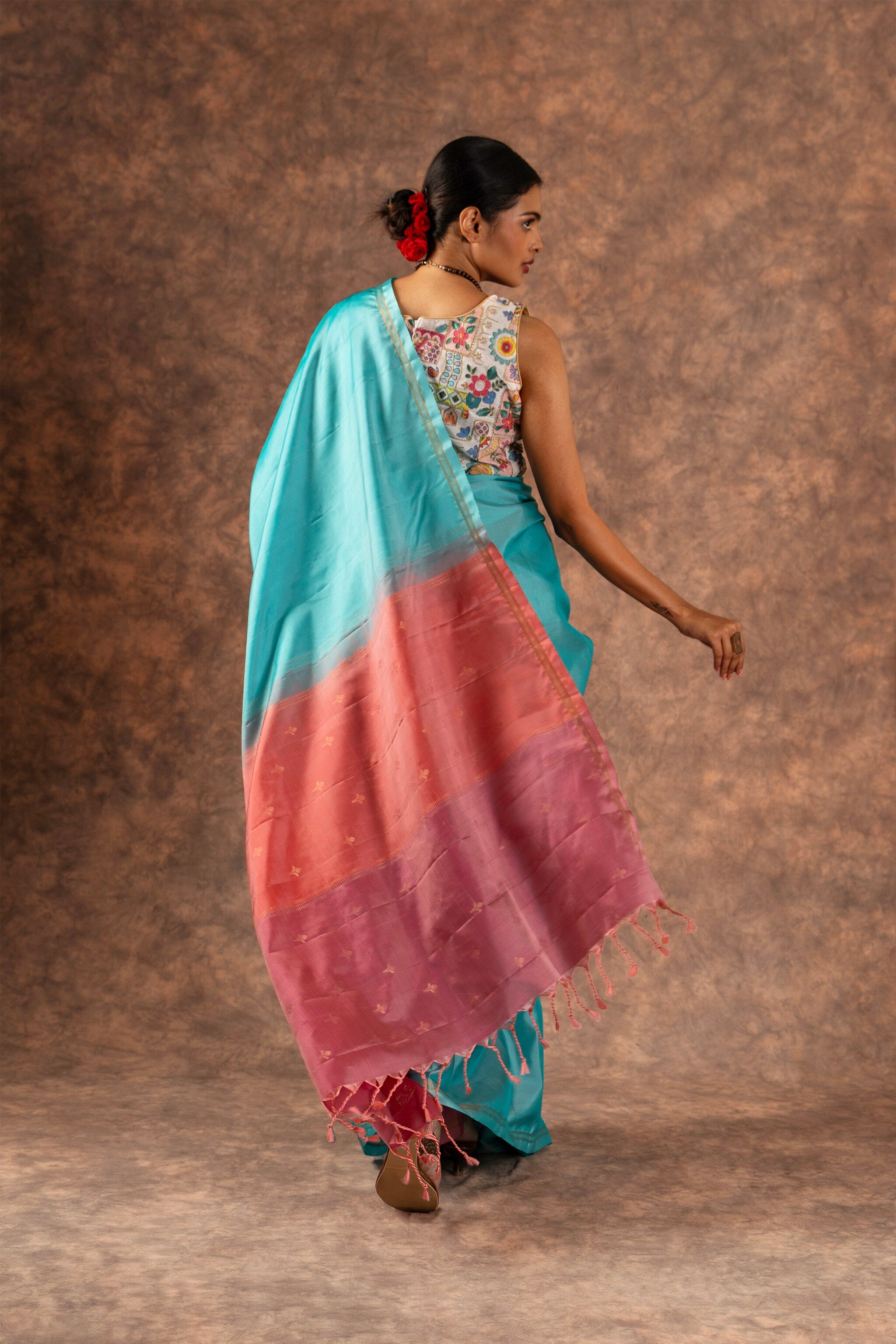 'Neerja' Aqua Blue and Coral Kanjeevaram Soft Silk (Single Warp)
