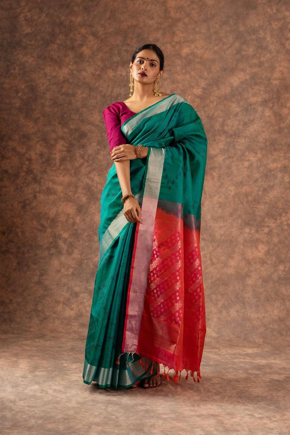 'Mohana' Teal and Coral Kanjeevaram Soft Silk (Double Warp)