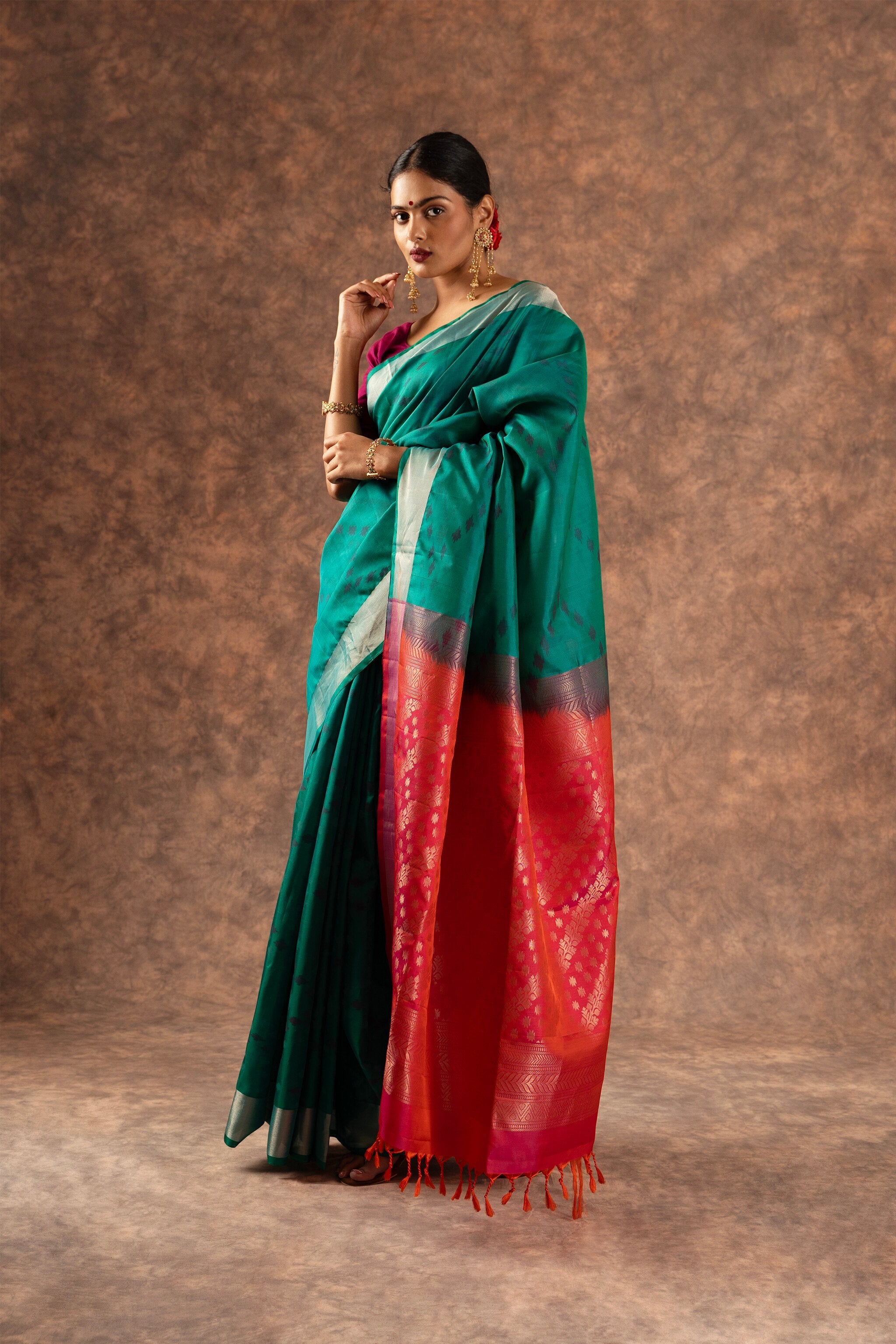 'Mohana' Teal and Coral Kanjeevaram Soft Silk (Double Warp)