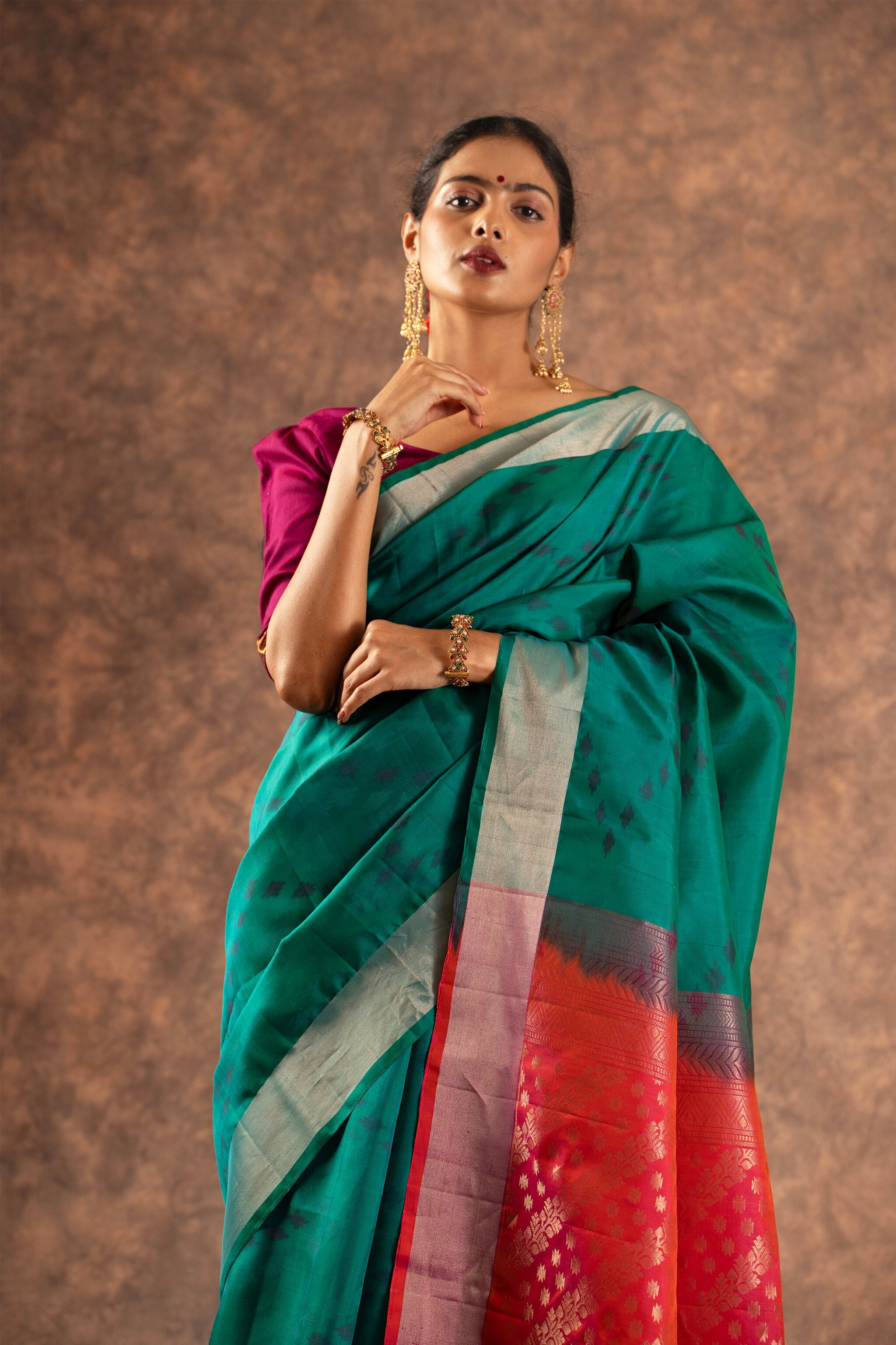 'Mohana' Teal and Coral Kanjeevaram Soft Silk (Double Warp)