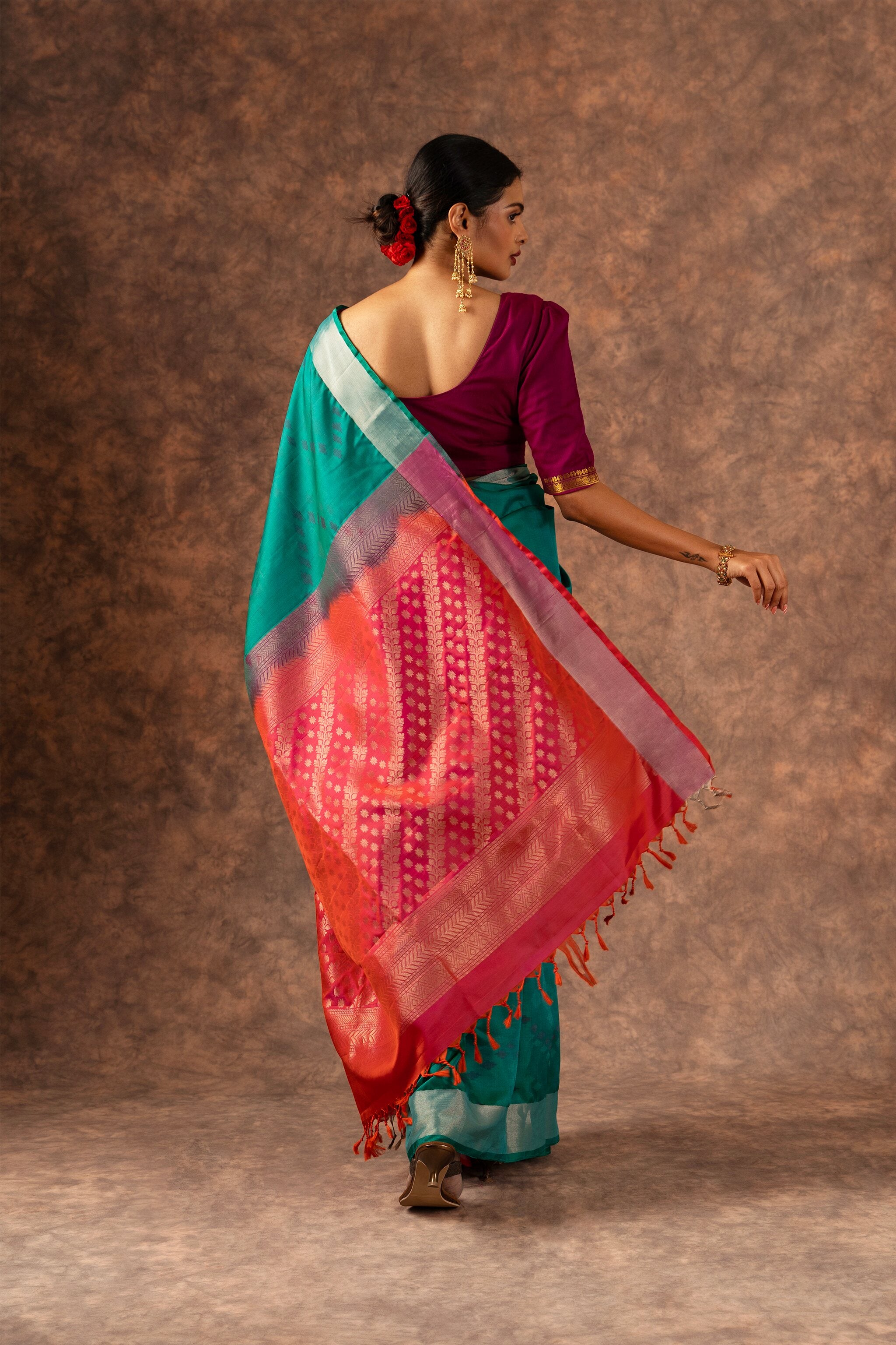 'Mohana' Teal and Coral Kanjeevaram Soft Silk (Double Warp)