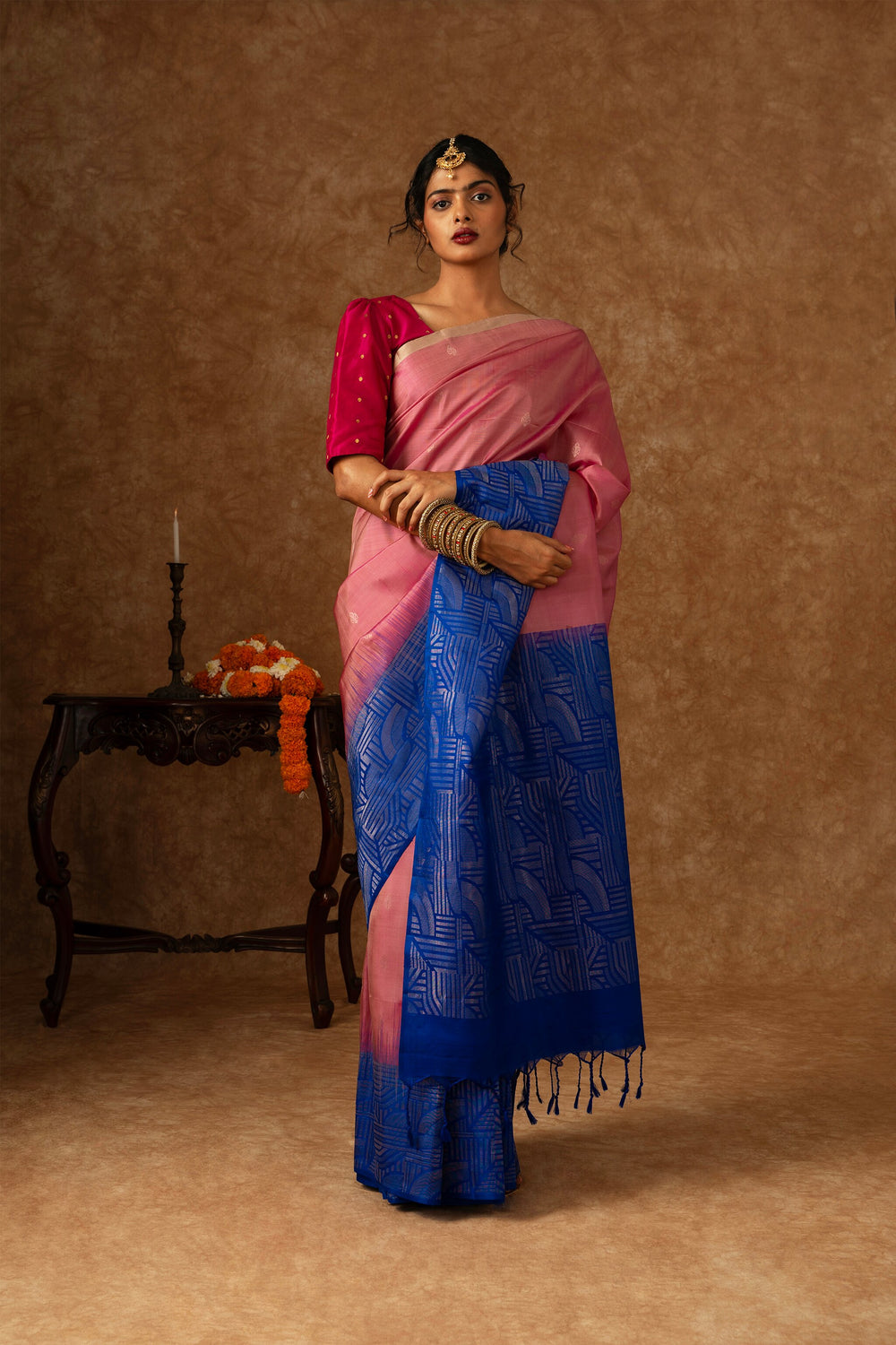 'Kamini' Pink and Blue Kanjeevaram Soft Silk (Double Warp)
