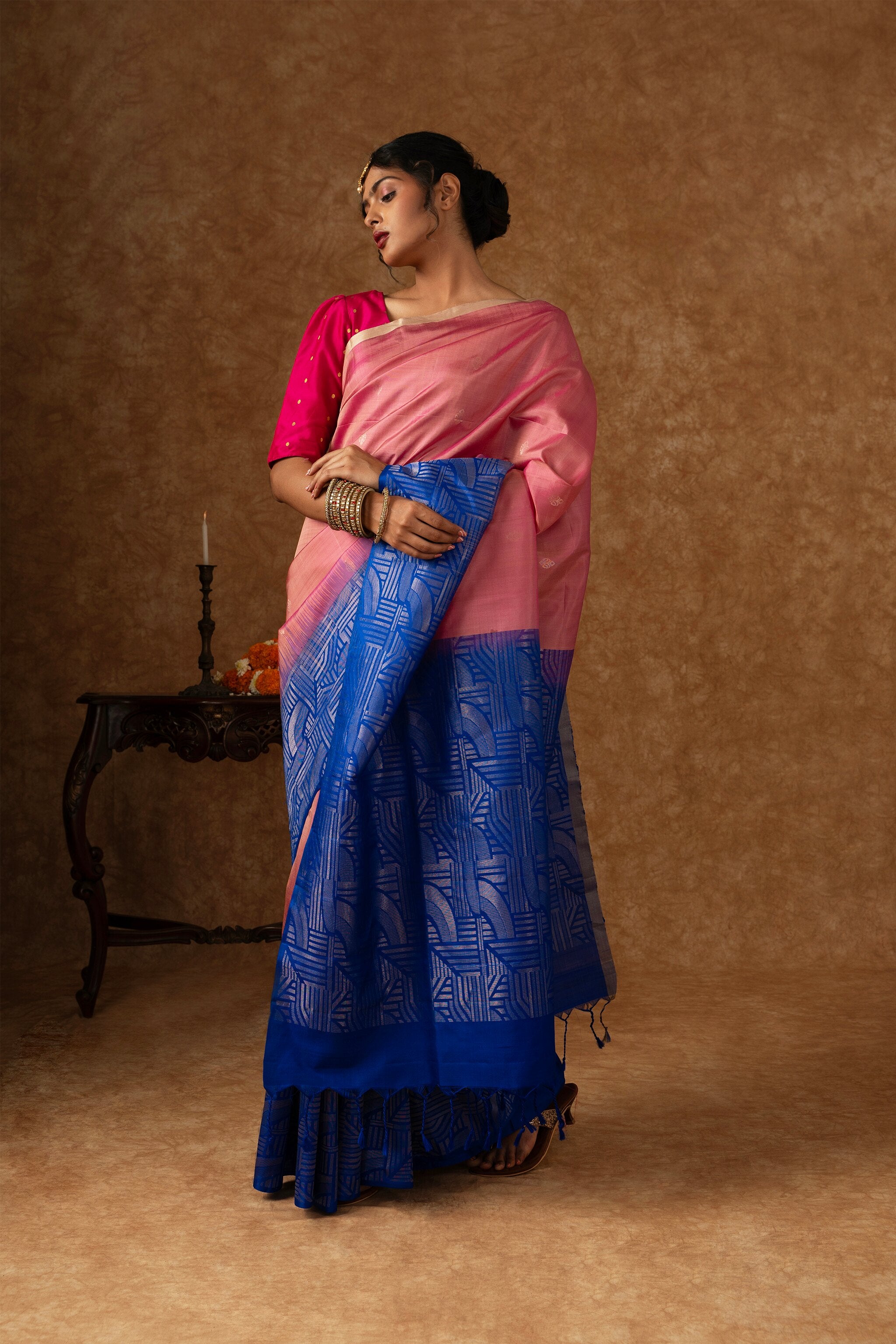 'Kamini' Pink and Blue Kanjeevaram Soft Silk (Double Warp)