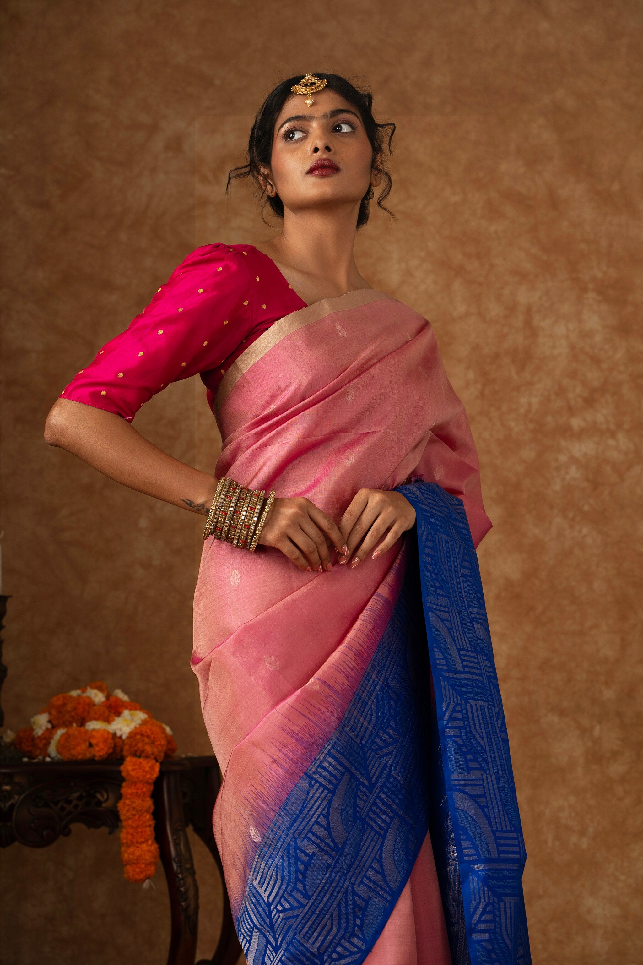 'Kamini' Pink and Blue Kanjeevaram Soft Silk (Double Warp)