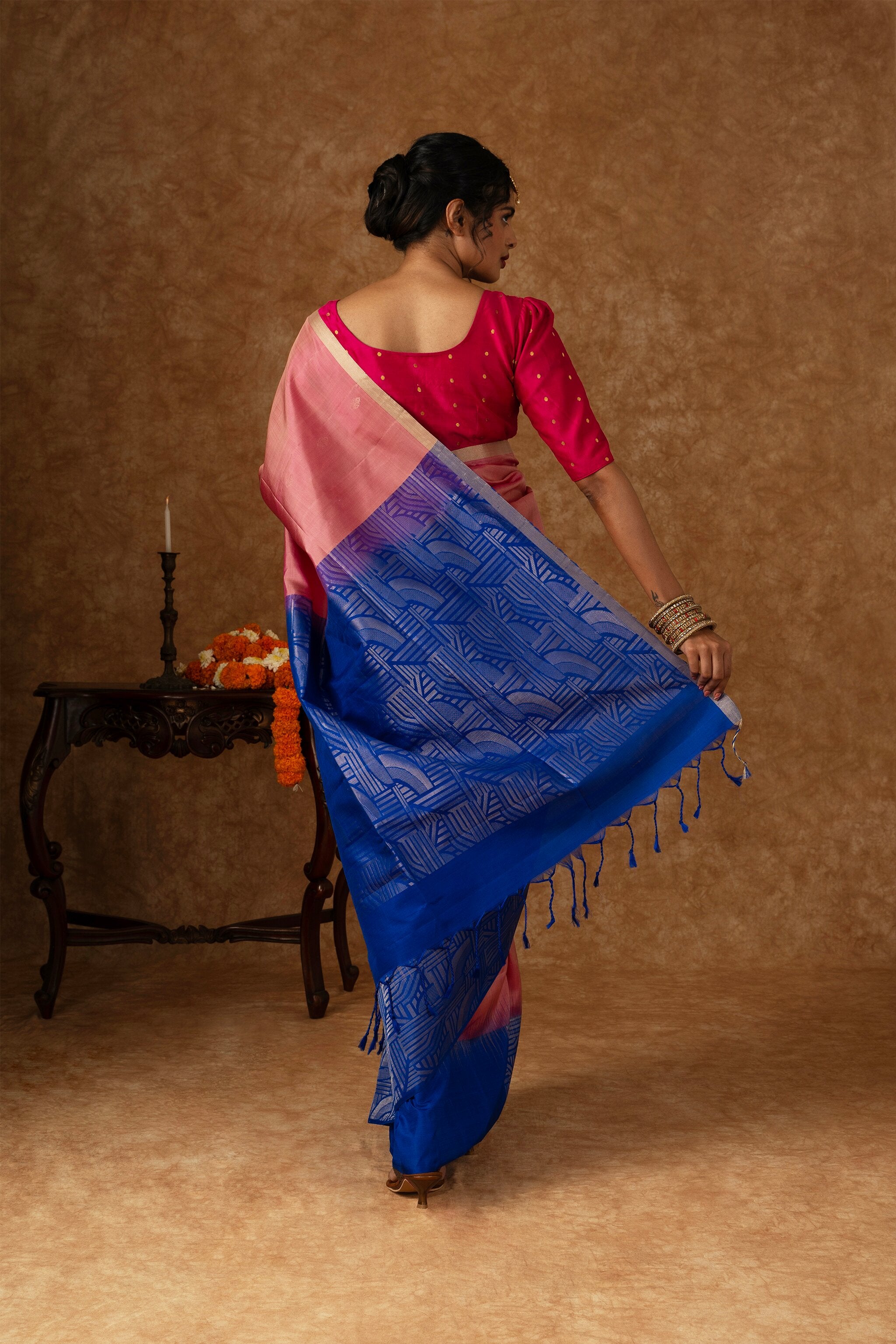 'Kamini' Pink and Blue Kanjeevaram Soft Silk (Double Warp)