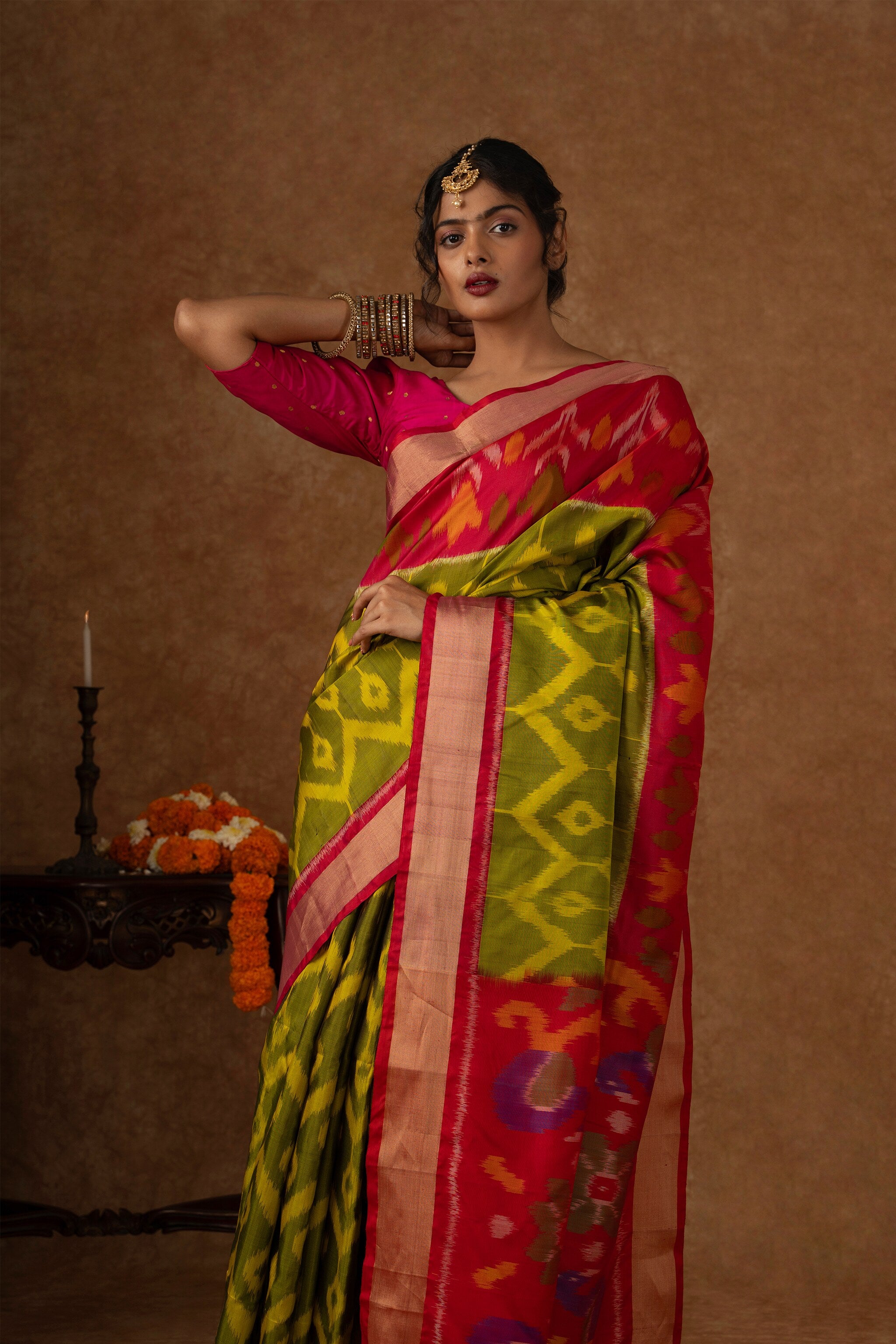 'Harini' Green and Pink Double Warp Ikat Silk Saree