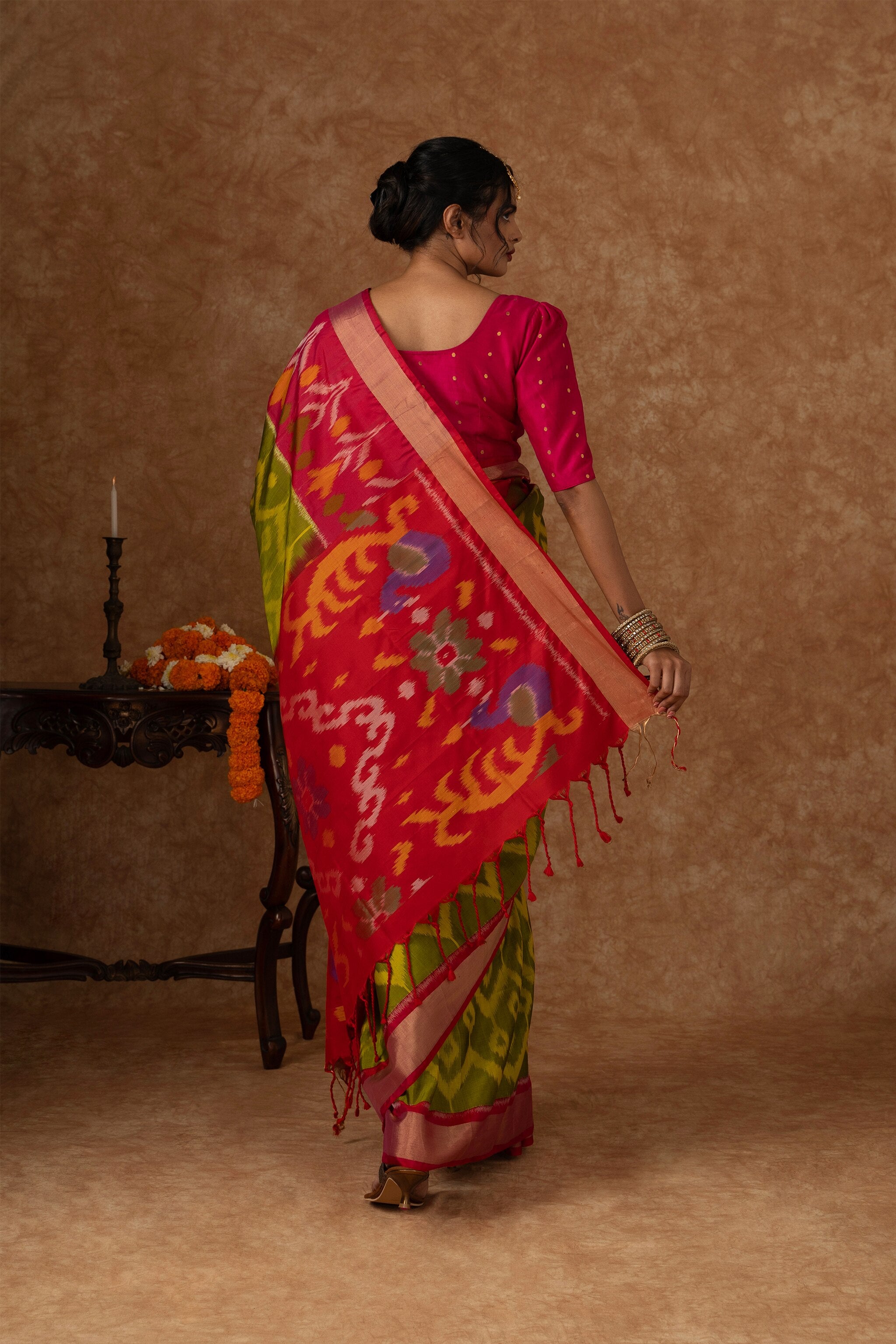 'Harini' Green and Pink Double Warp Ikat Silk Saree