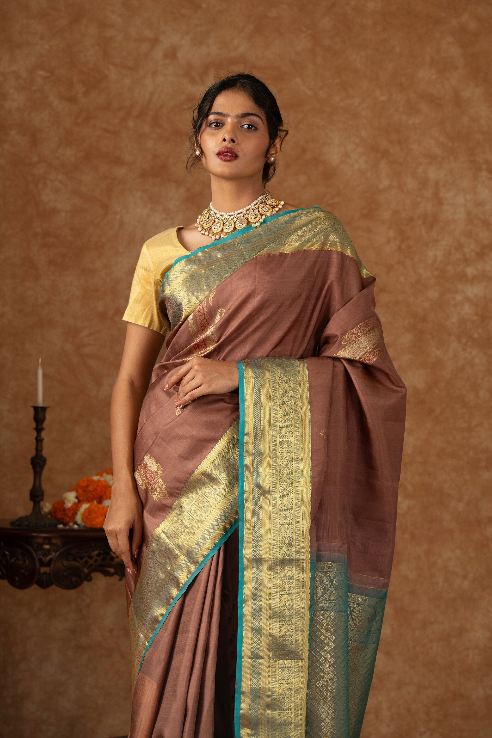 'Kshama' Brown and Teal Kanjeevaram Silk Saree