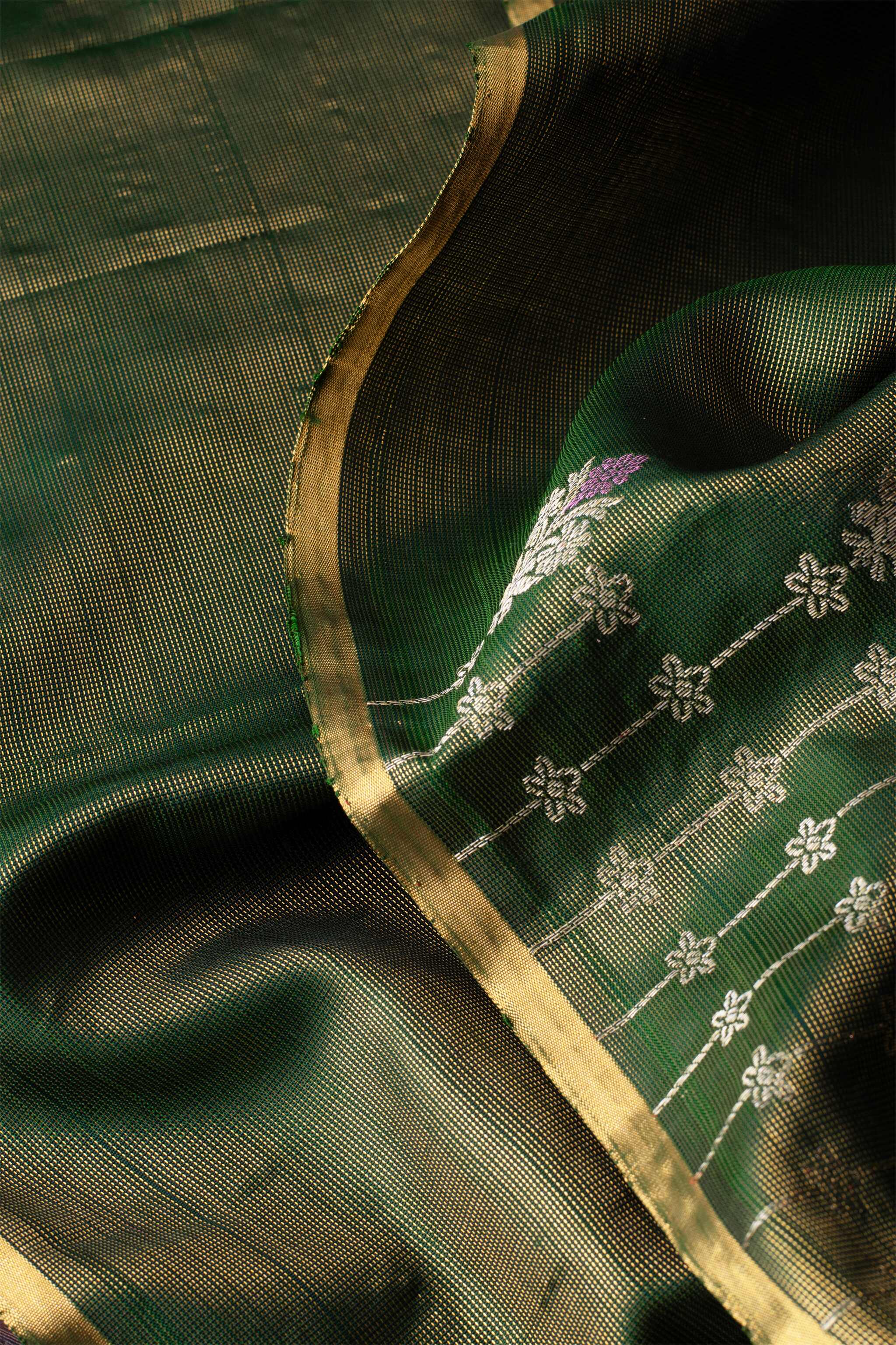 'Sampriti' Forest Green and Coral Kanjeevaram Pure Silk Saree