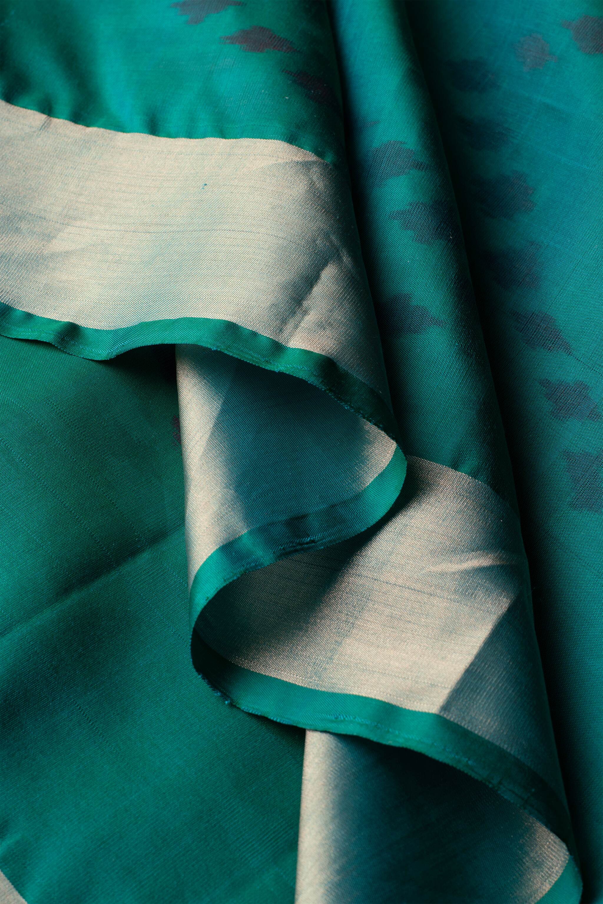 'Mohana' Teal and Coral Kanjeevaram Soft Silk (Double Warp)