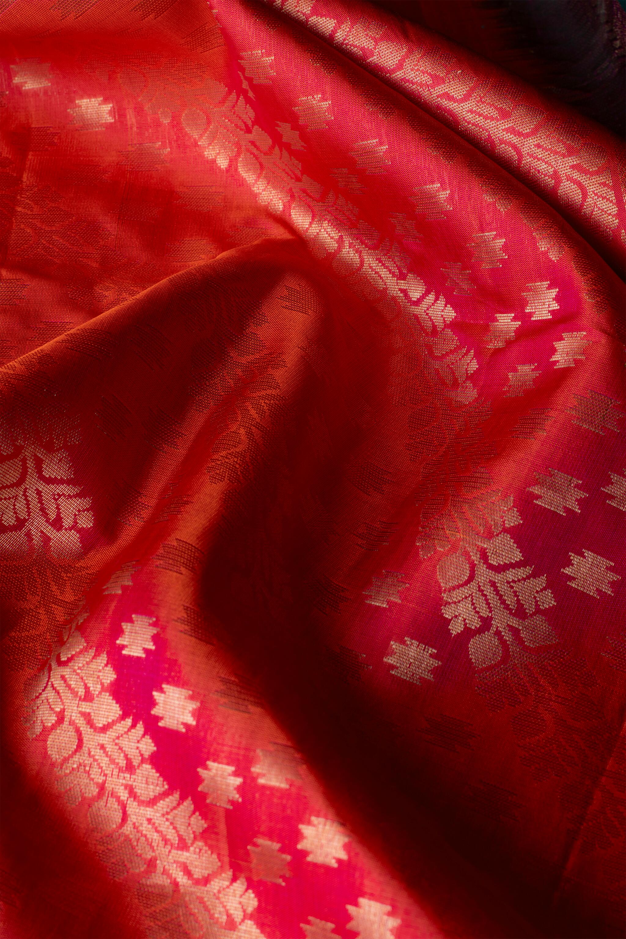 'Mohana' Teal and Coral Kanjeevaram Soft Silk (Double Warp)
