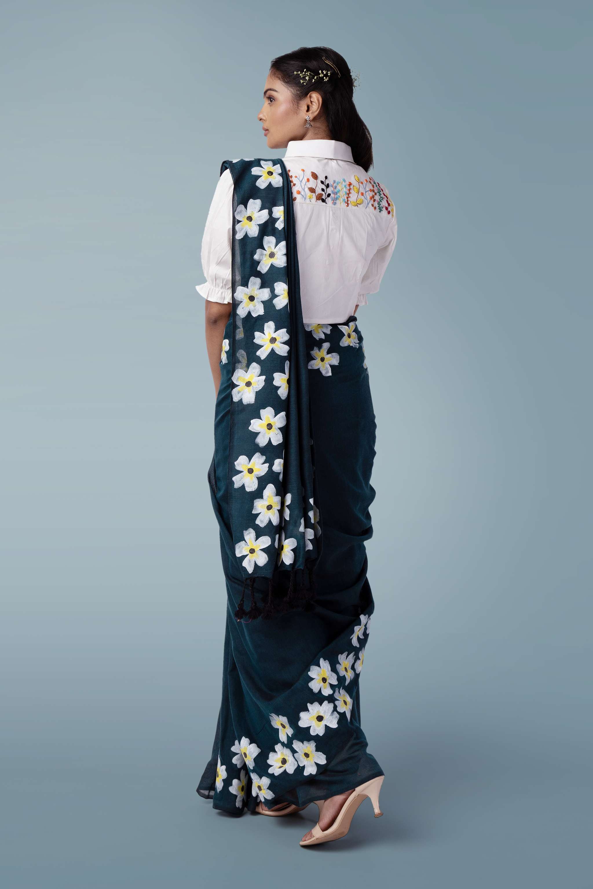Dark Teal Blue Ultra-light Handspun Handpainted Khadi Saree