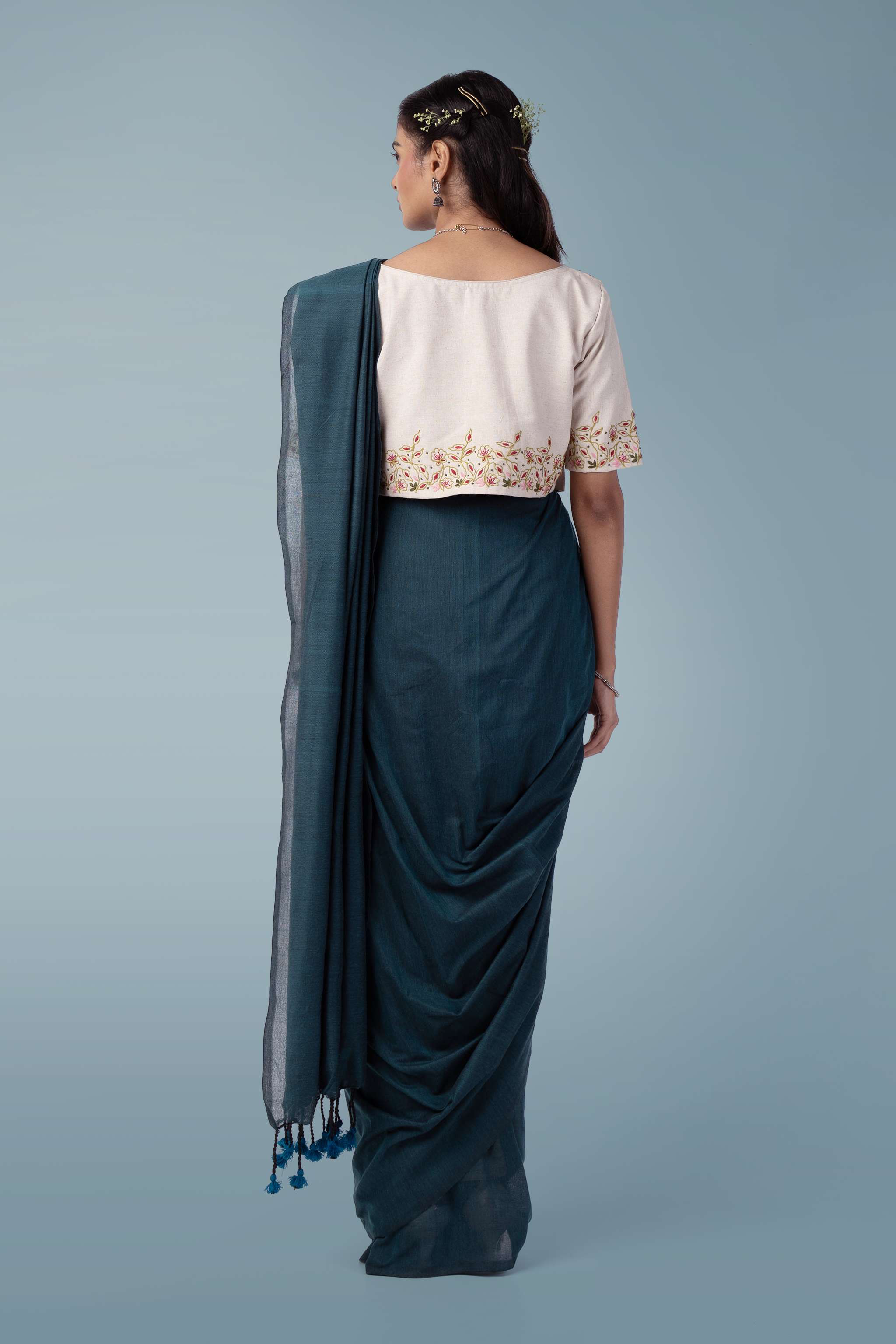 Solid deep teal Handspun Khadi Saree