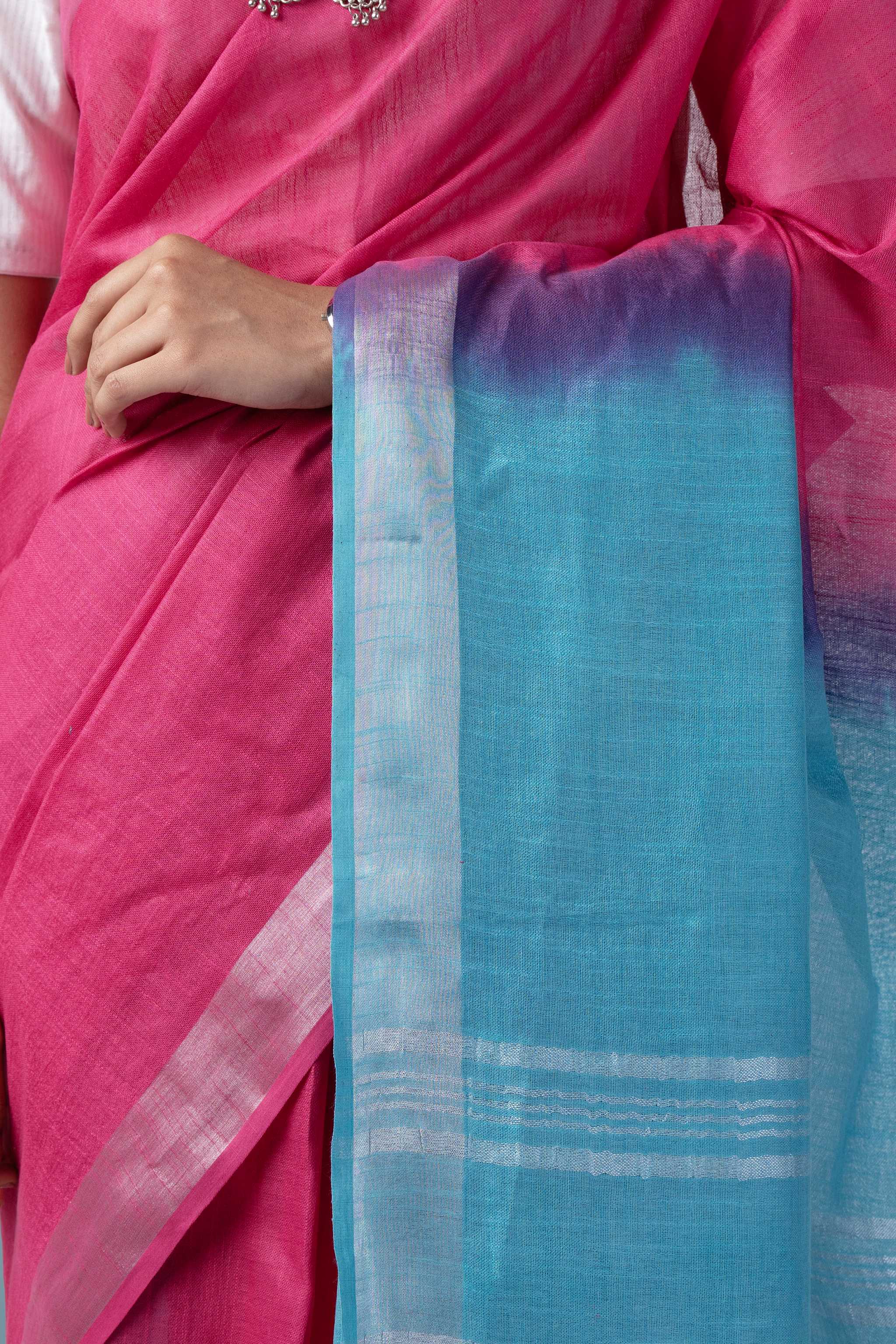 Fauchsia Pink & Teal Naturally Dyed Celuvé Saree