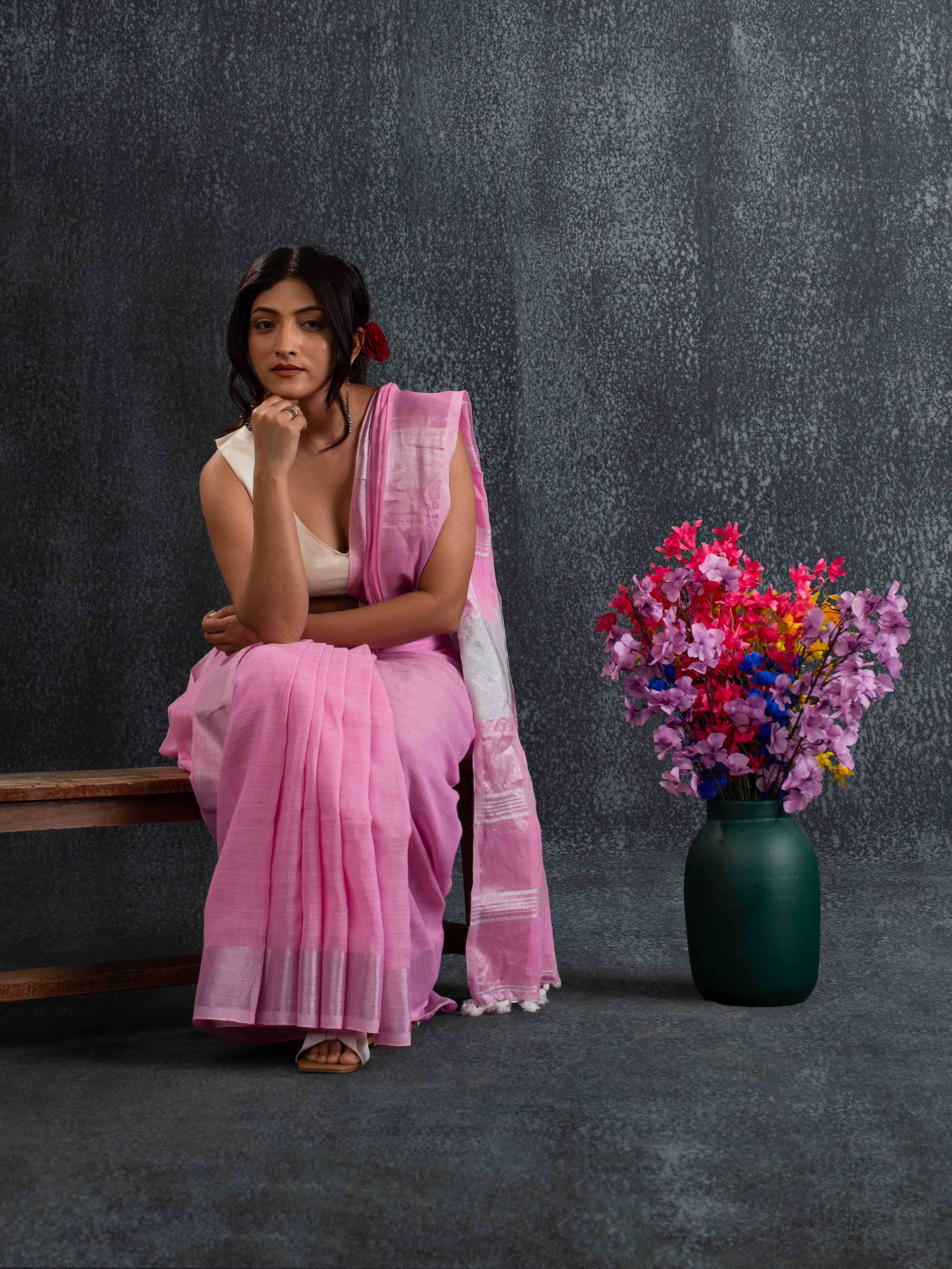 Plush Pastel-Pink 100% Organic Linen Saree
