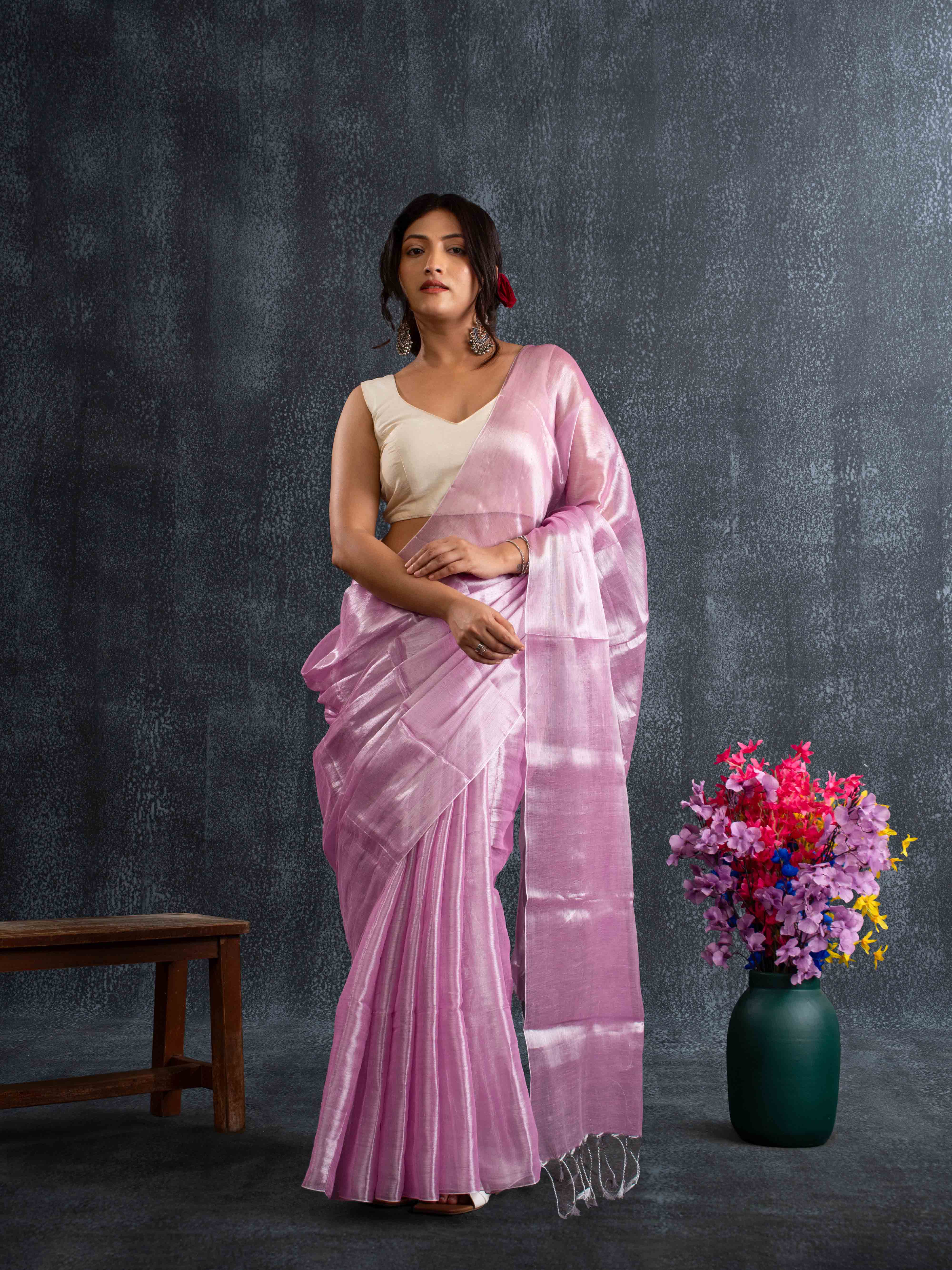 Supple Lavender-Pink Tissue Silk Plain Saree