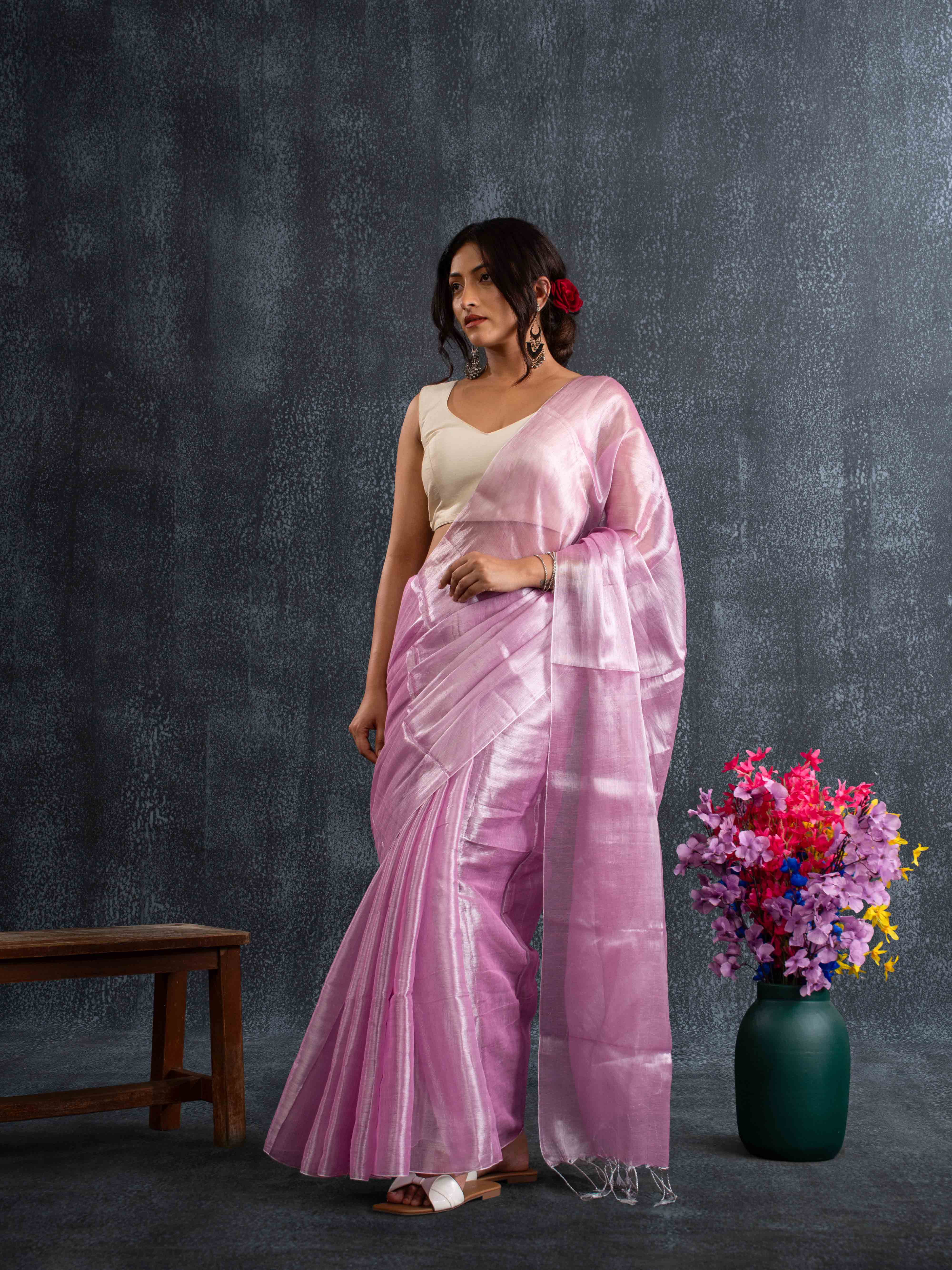 Supple Lavender-Pink Tissue Silk Plain Saree