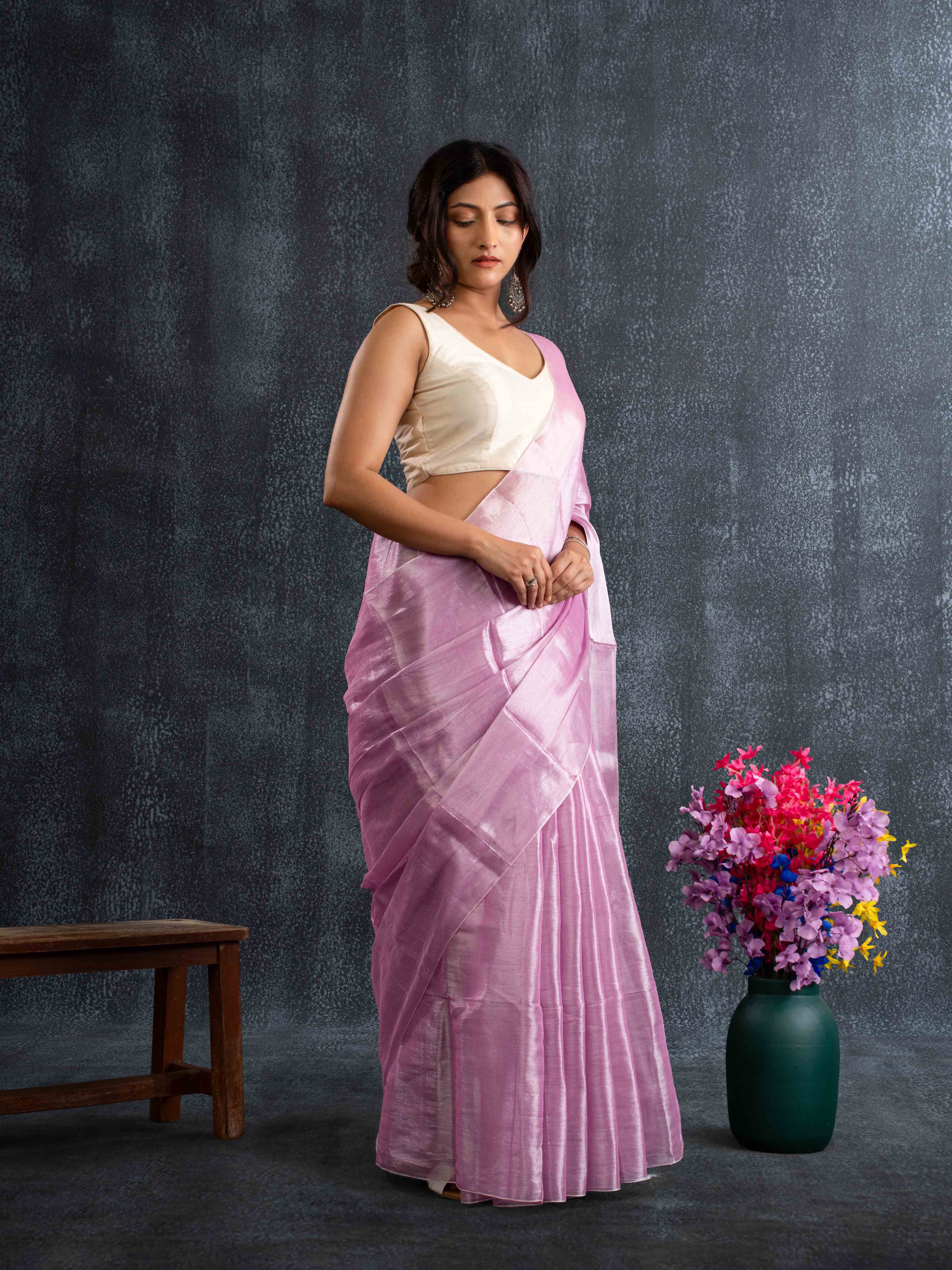 Supple Lavender-Pink Tissue Silk Plain Saree