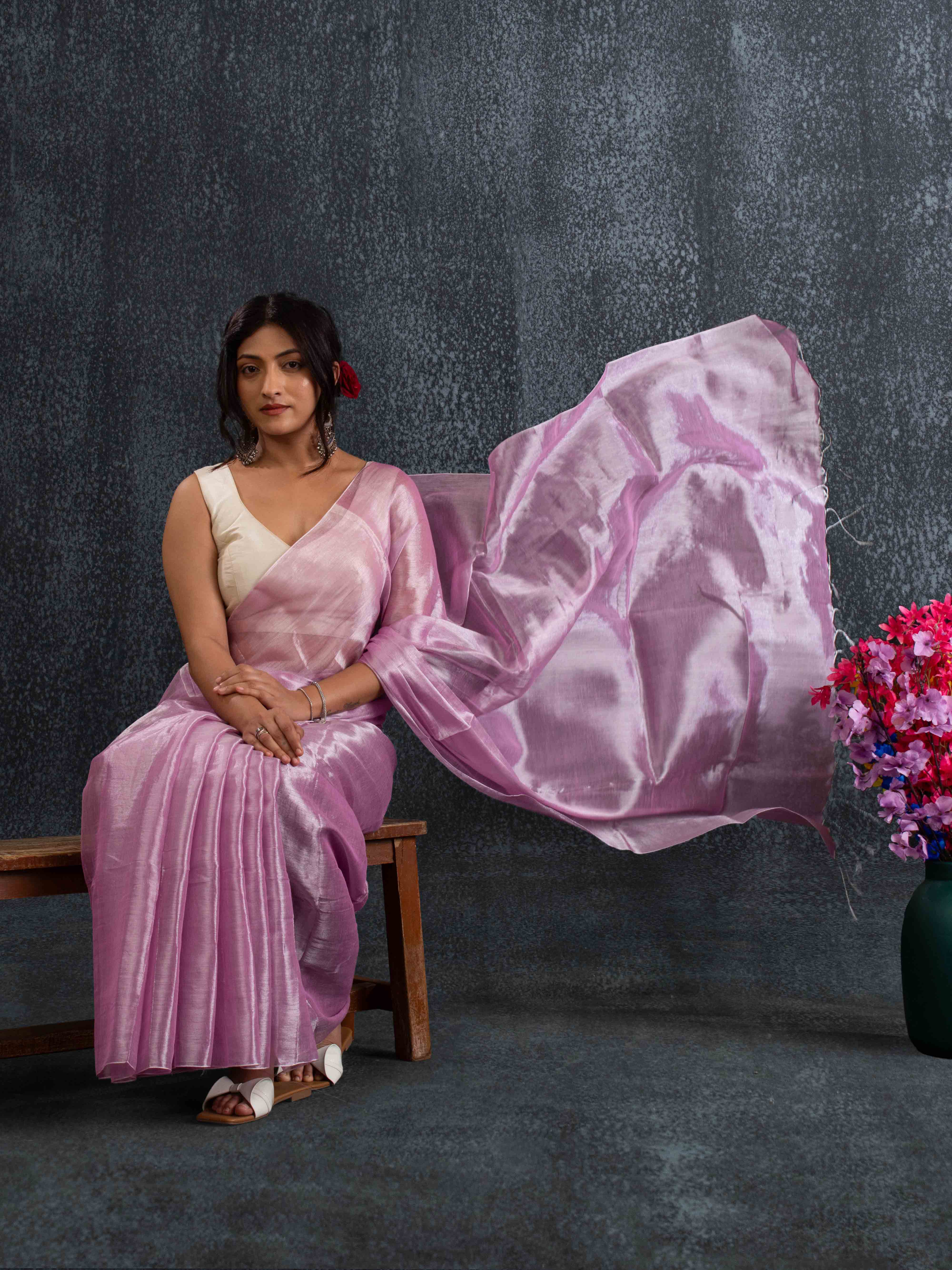Supple Lavender-Pink Tissue Silk Plain Saree