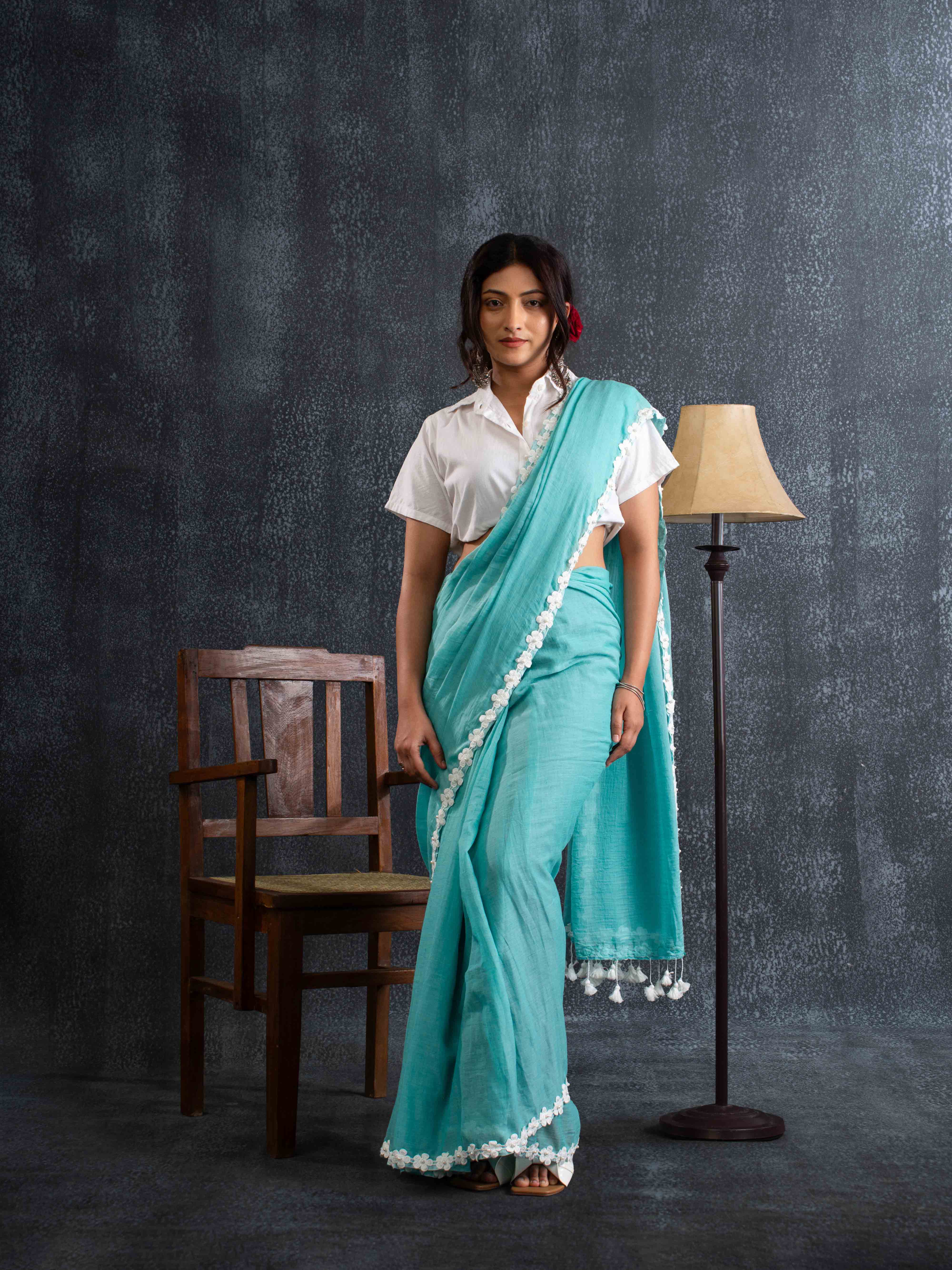 Ultra-soft Mint Green Mul Cotton Saree with Floral Applique