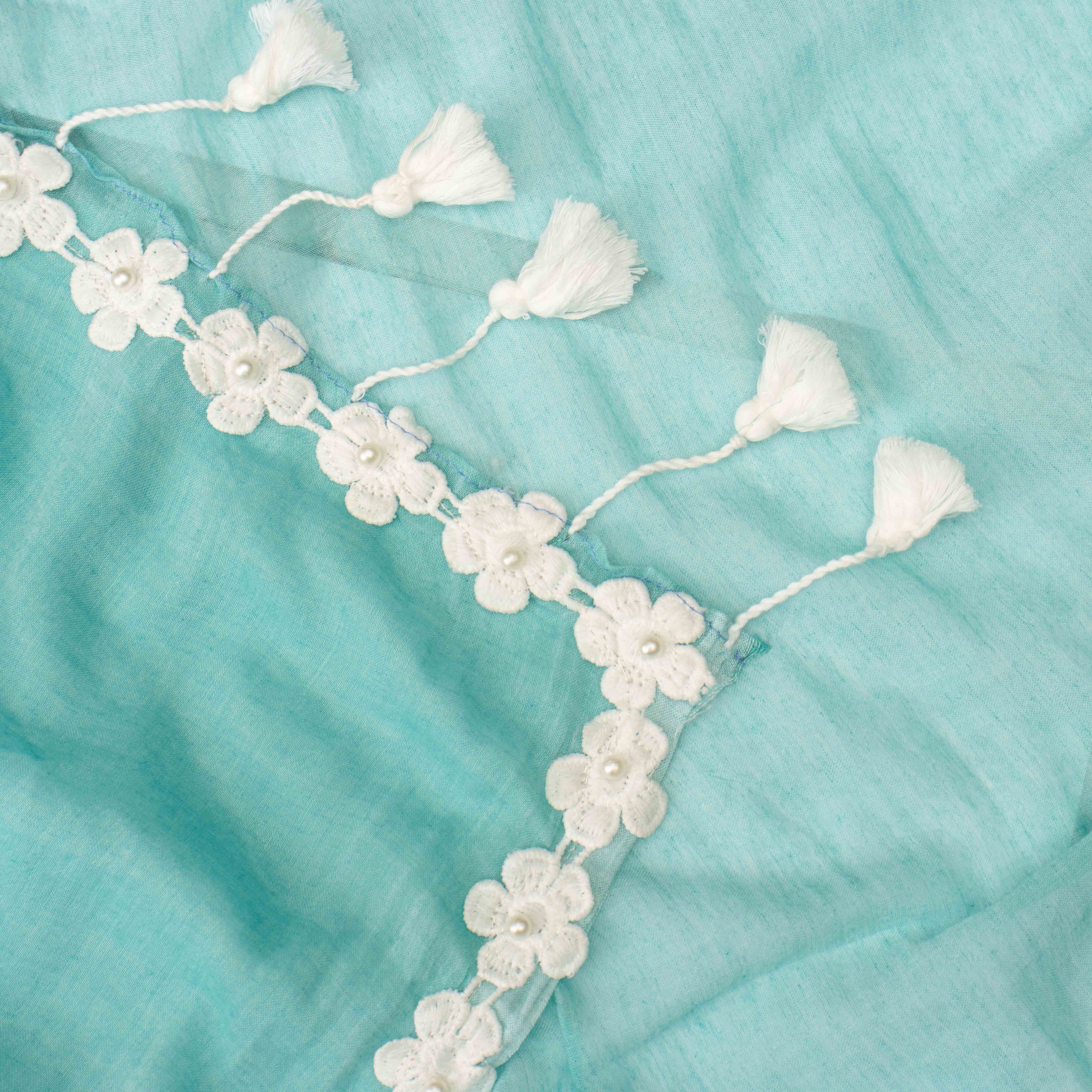 Ultra-soft Mint Green Mul Cotton Saree with Floral Applique