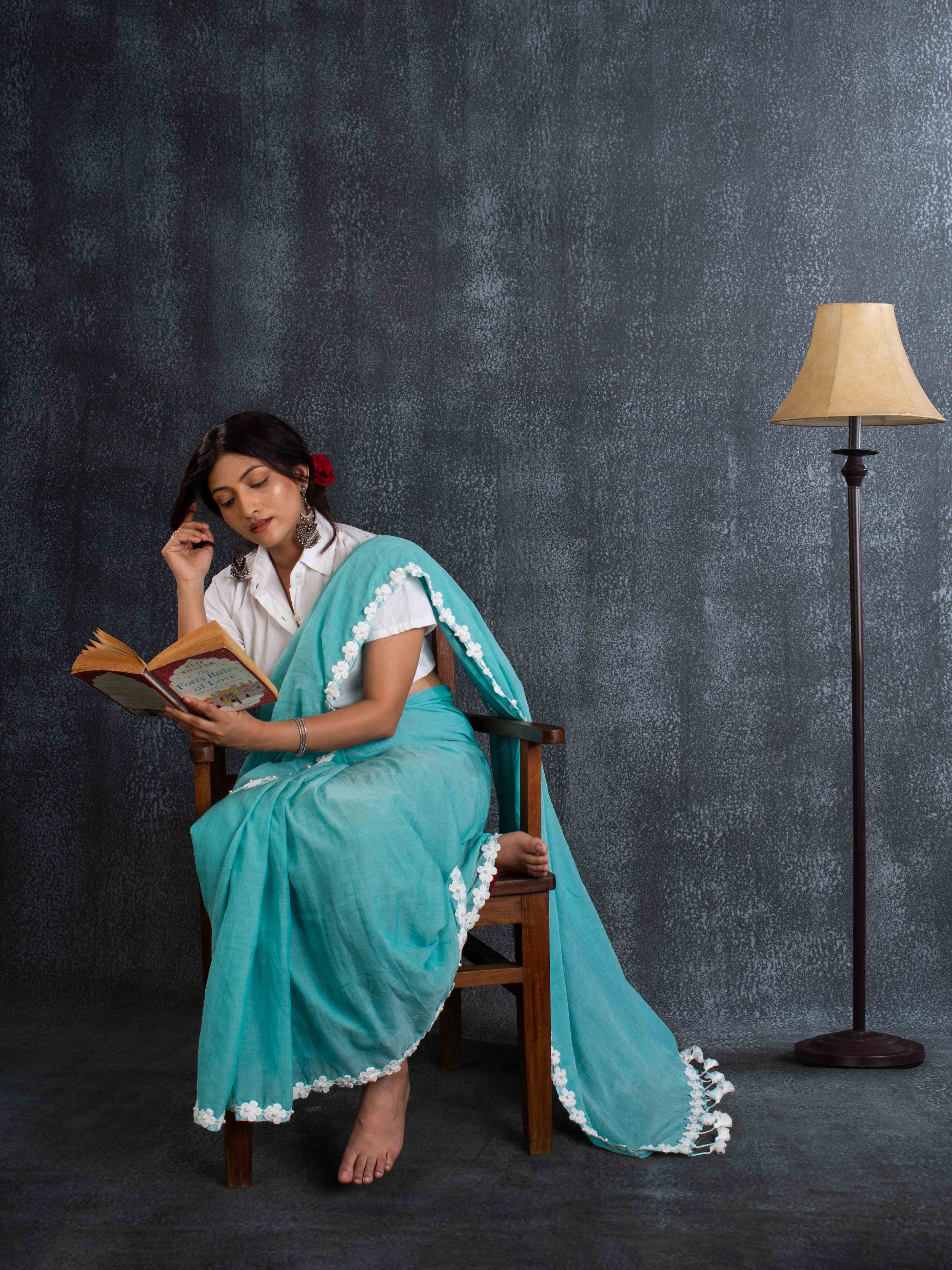 Ultra-soft Mint Green Mul Cotton Saree with Floral Applique