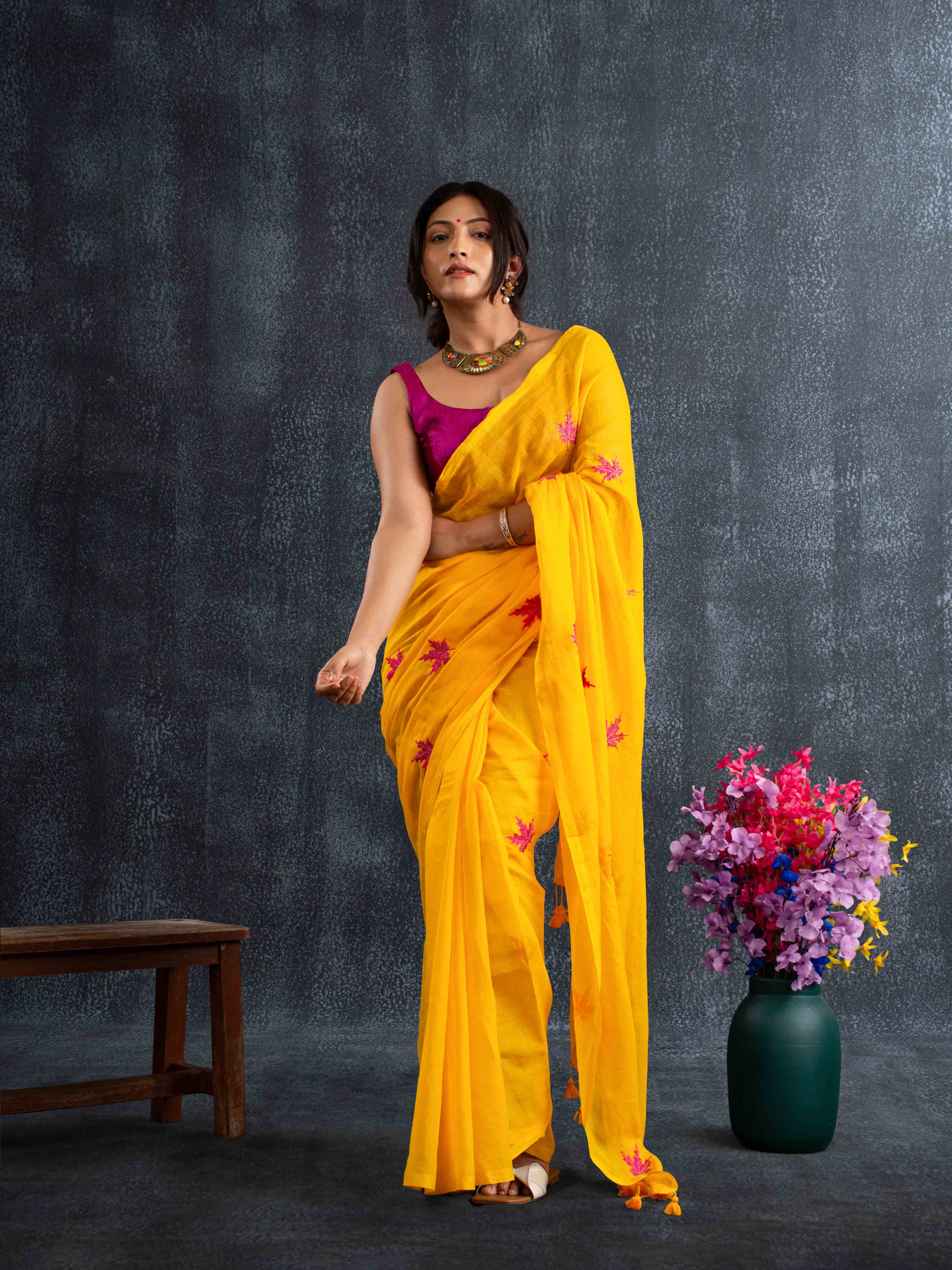Featherlight Mul Cotton Saree with Thread Leaf Work in Sunflower Yellow