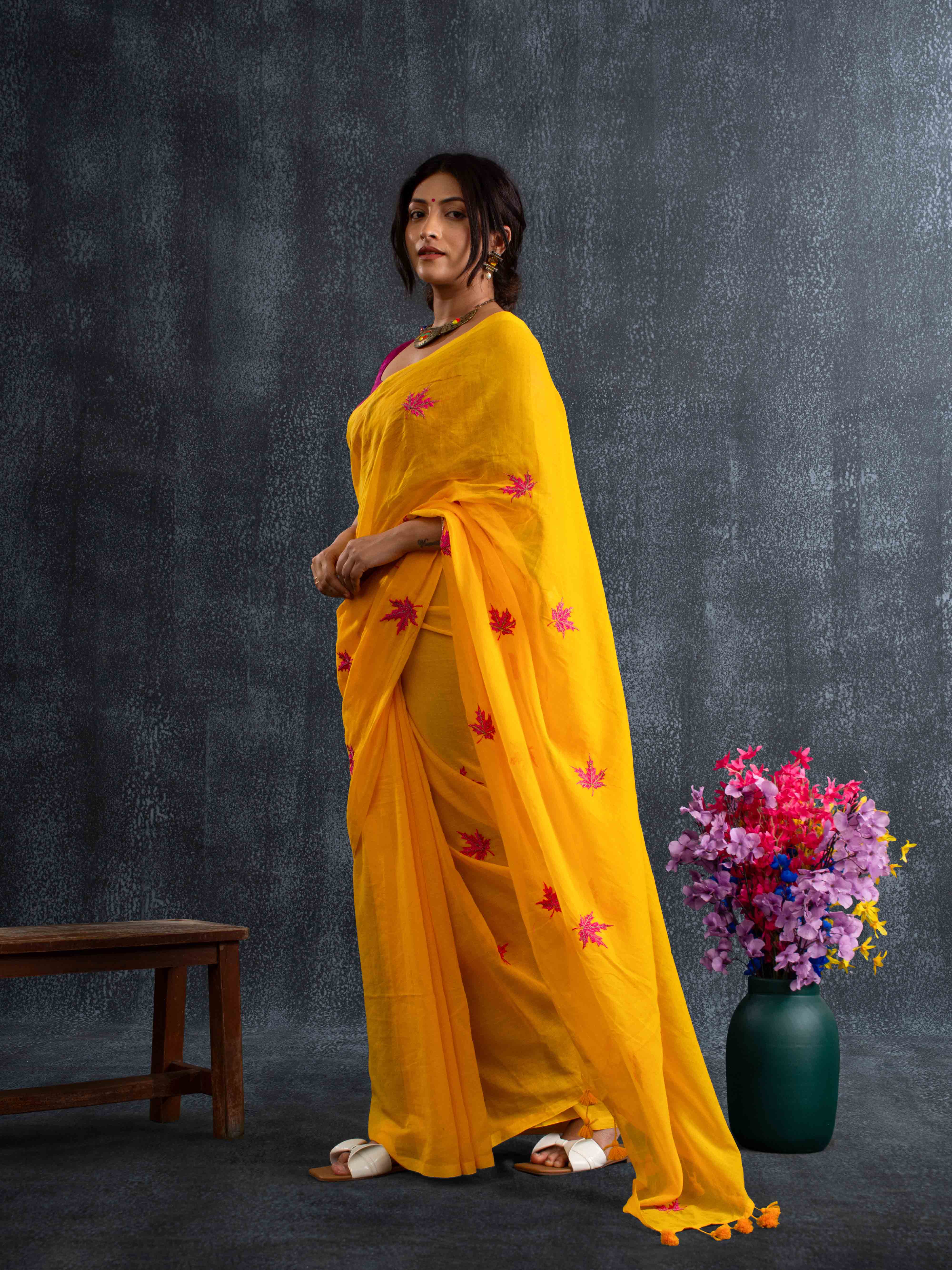 Featherlight Mul Cotton Saree with Thread Leaf Work in Sunflower Yellow