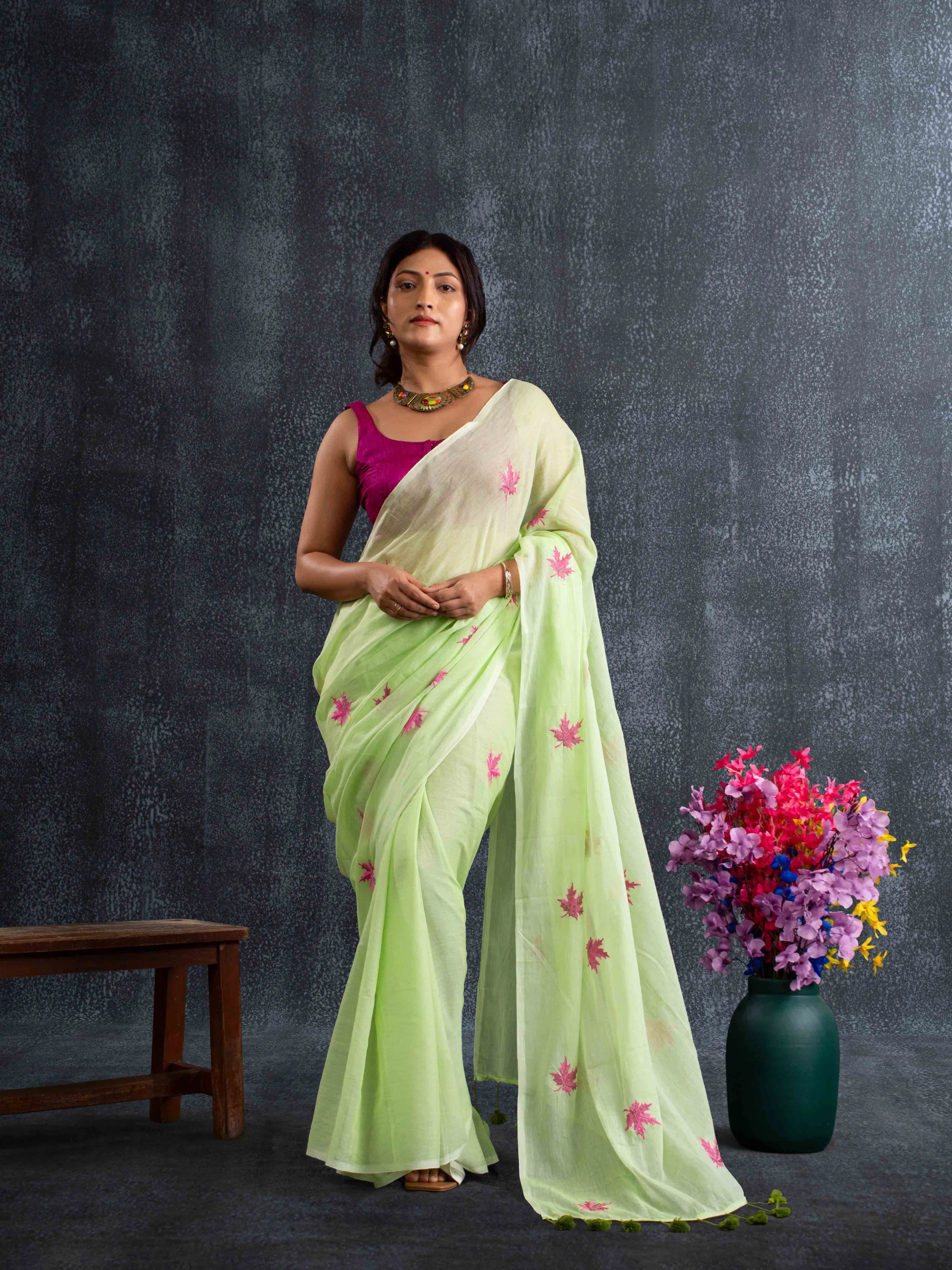 Featherlight Mul Cotton Saree with Thread Leaf Work in Pistaschio Green