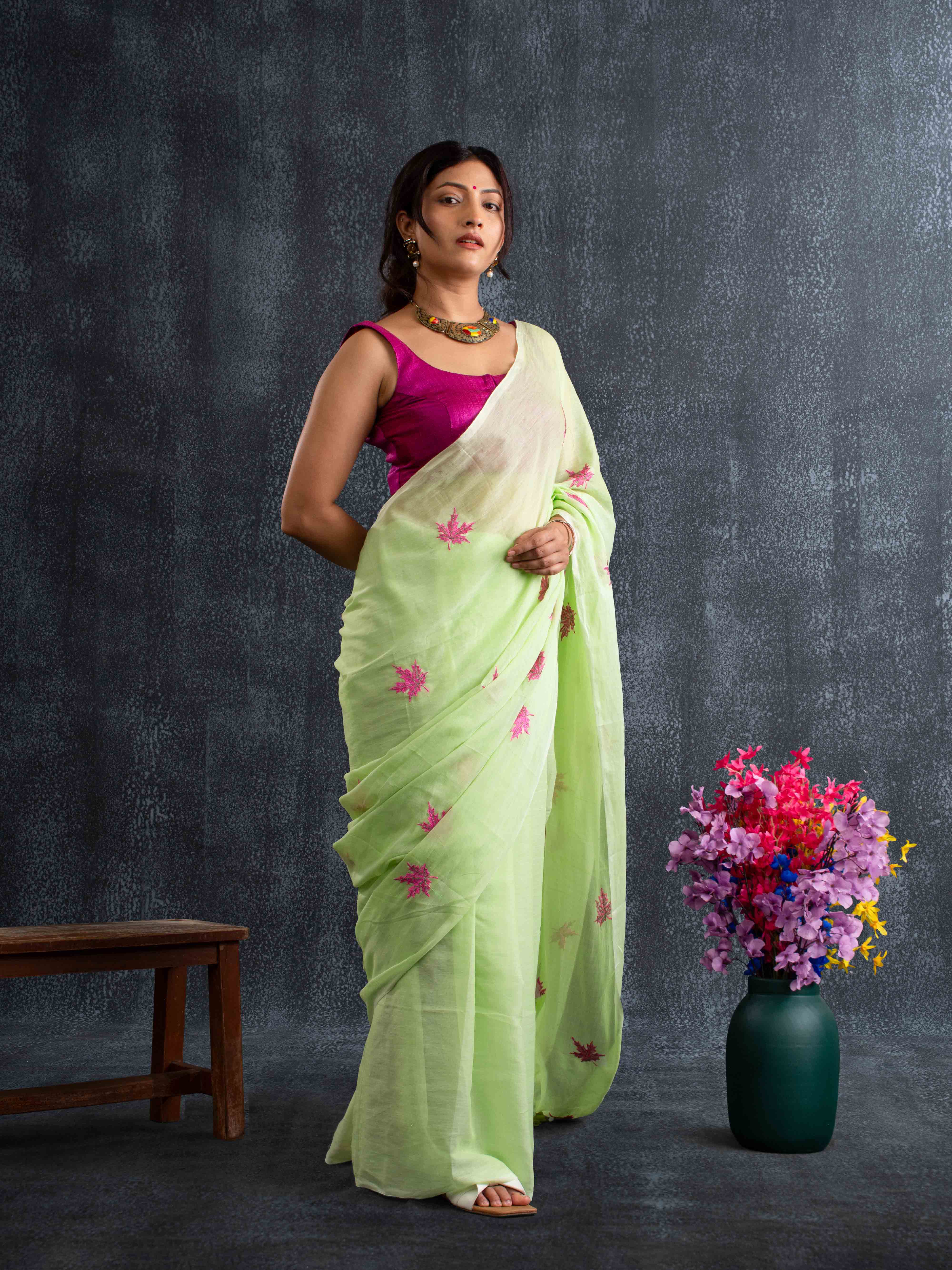 Featherlight Mul Cotton Saree with Thread Leaf Work in Pistaschio Green