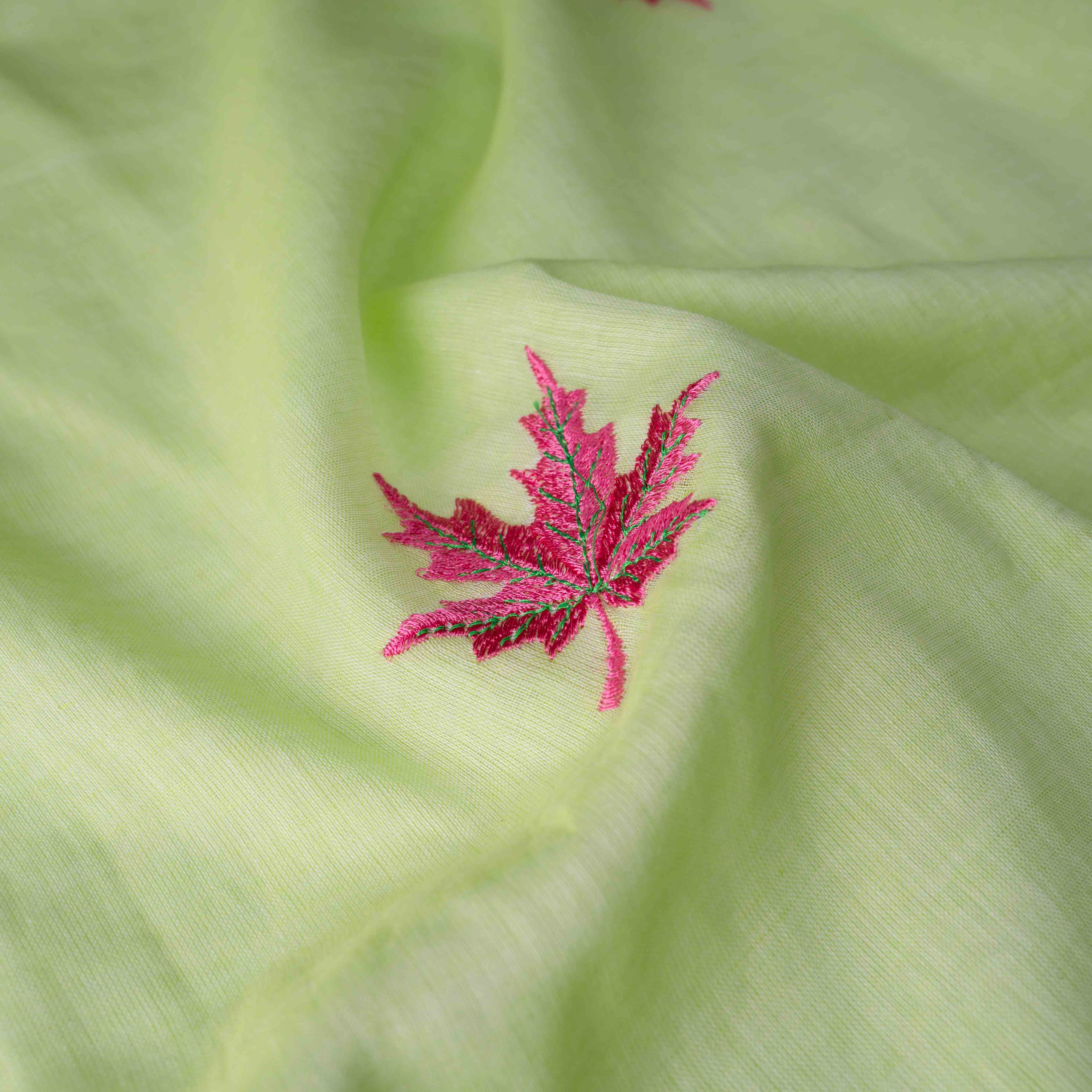Featherlight Mul Cotton Saree with Thread Leaf Work in Pistaschio Green