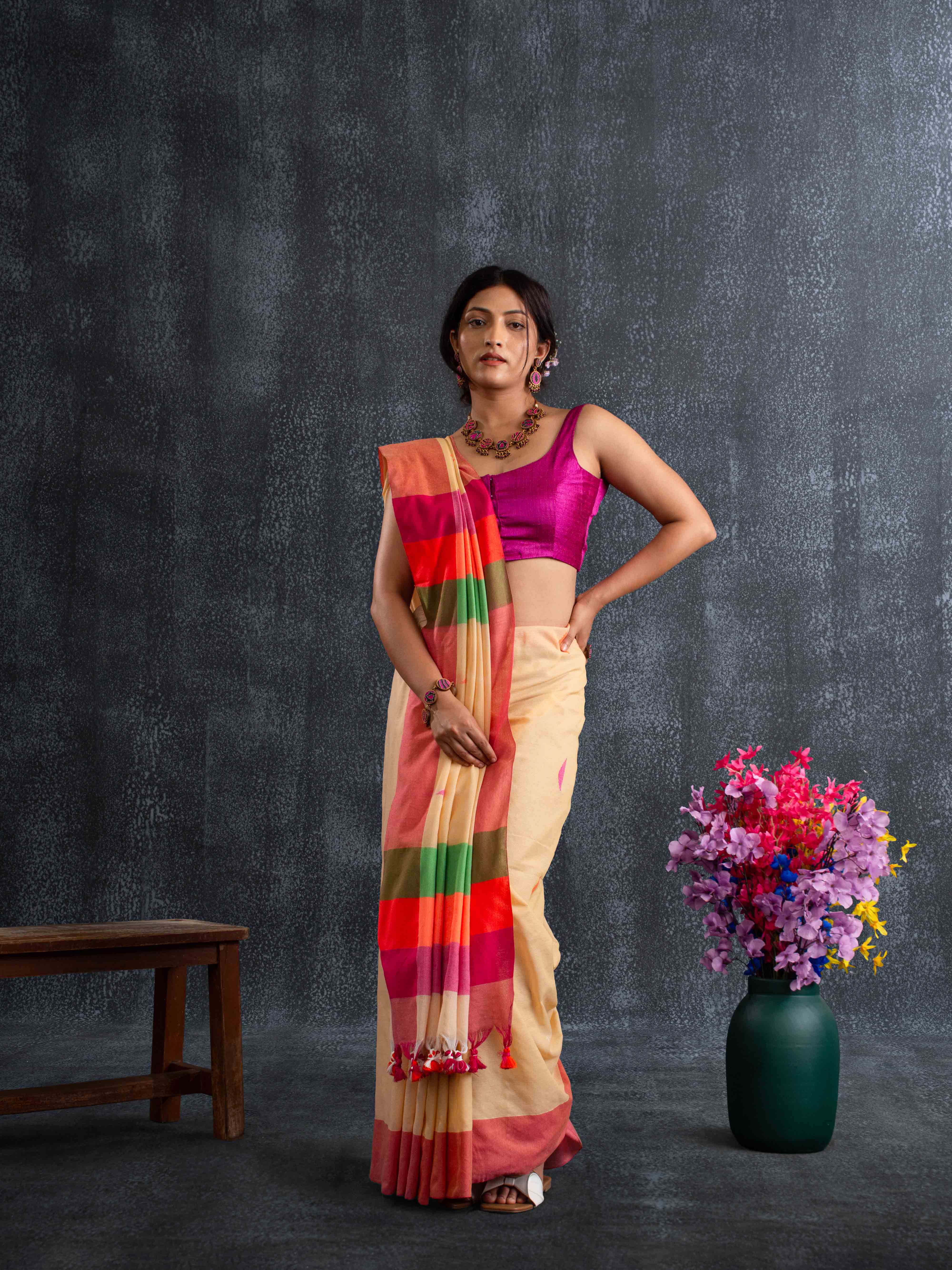 Cloud-like Soft Cotton Saree with Threaded Butis in Beige & Rust