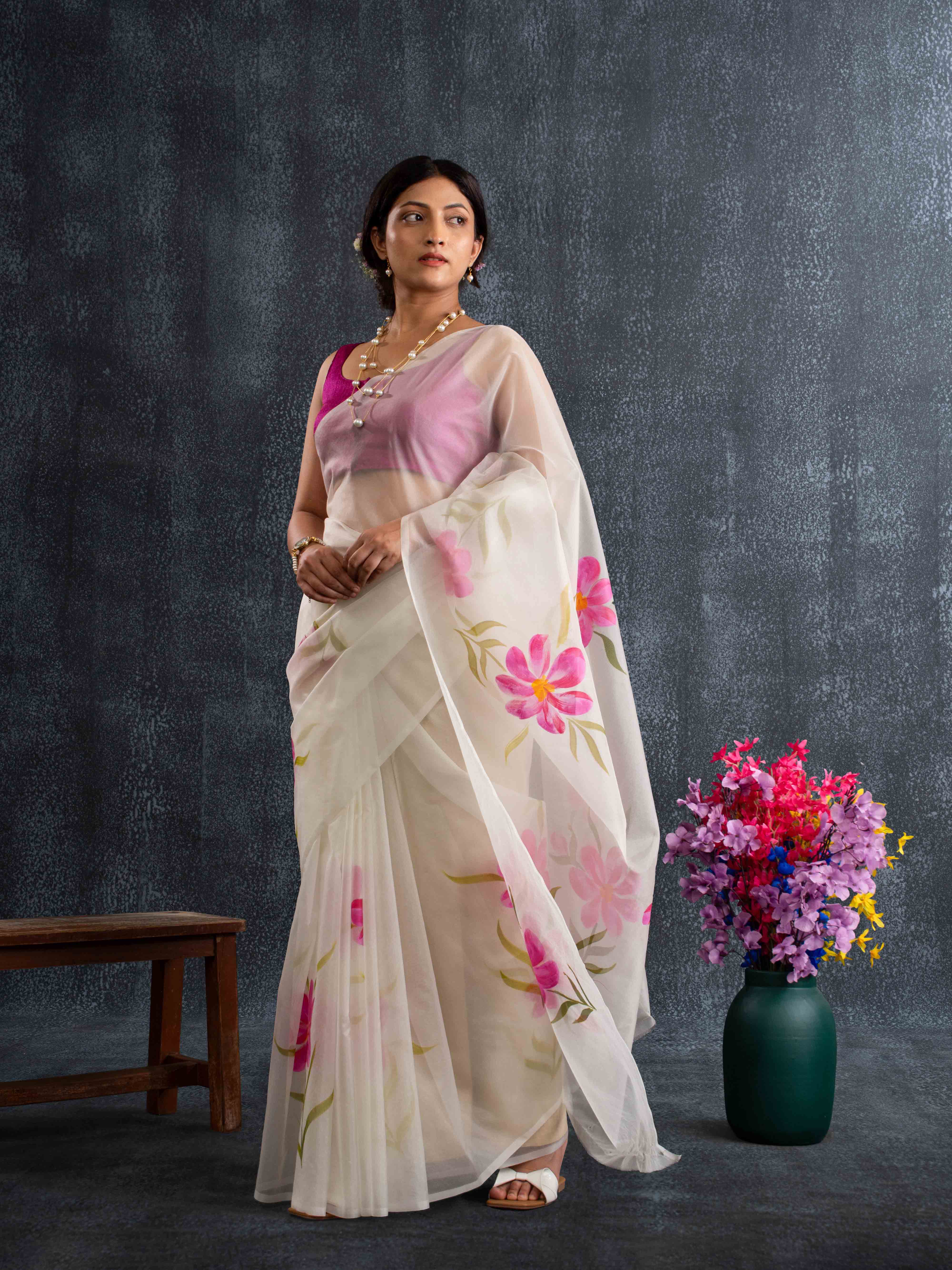 Flowy Organza Silk Hand-Painted Saree – White & Rose