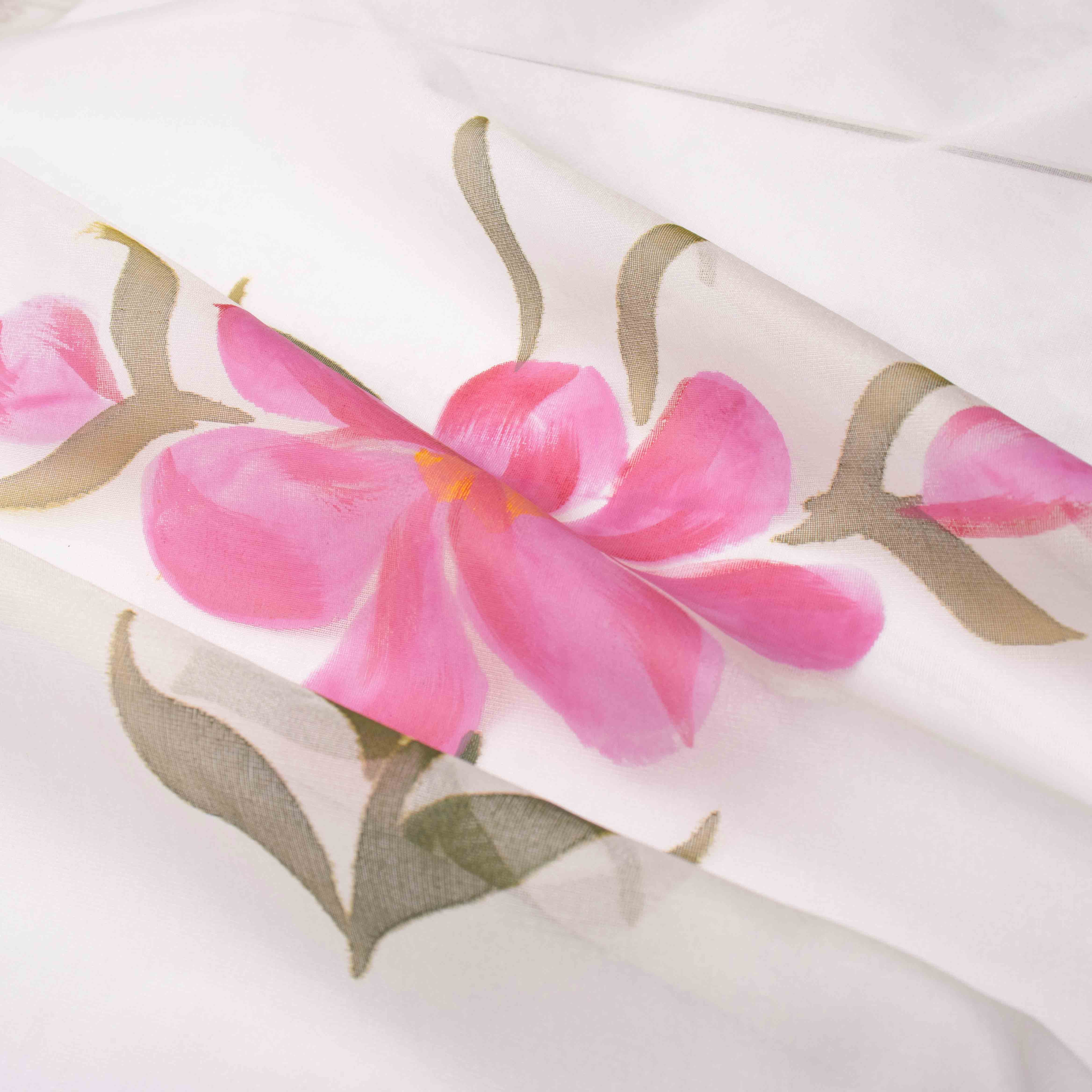 Flowy Organza Silk Hand-Painted Saree – White & Rose
