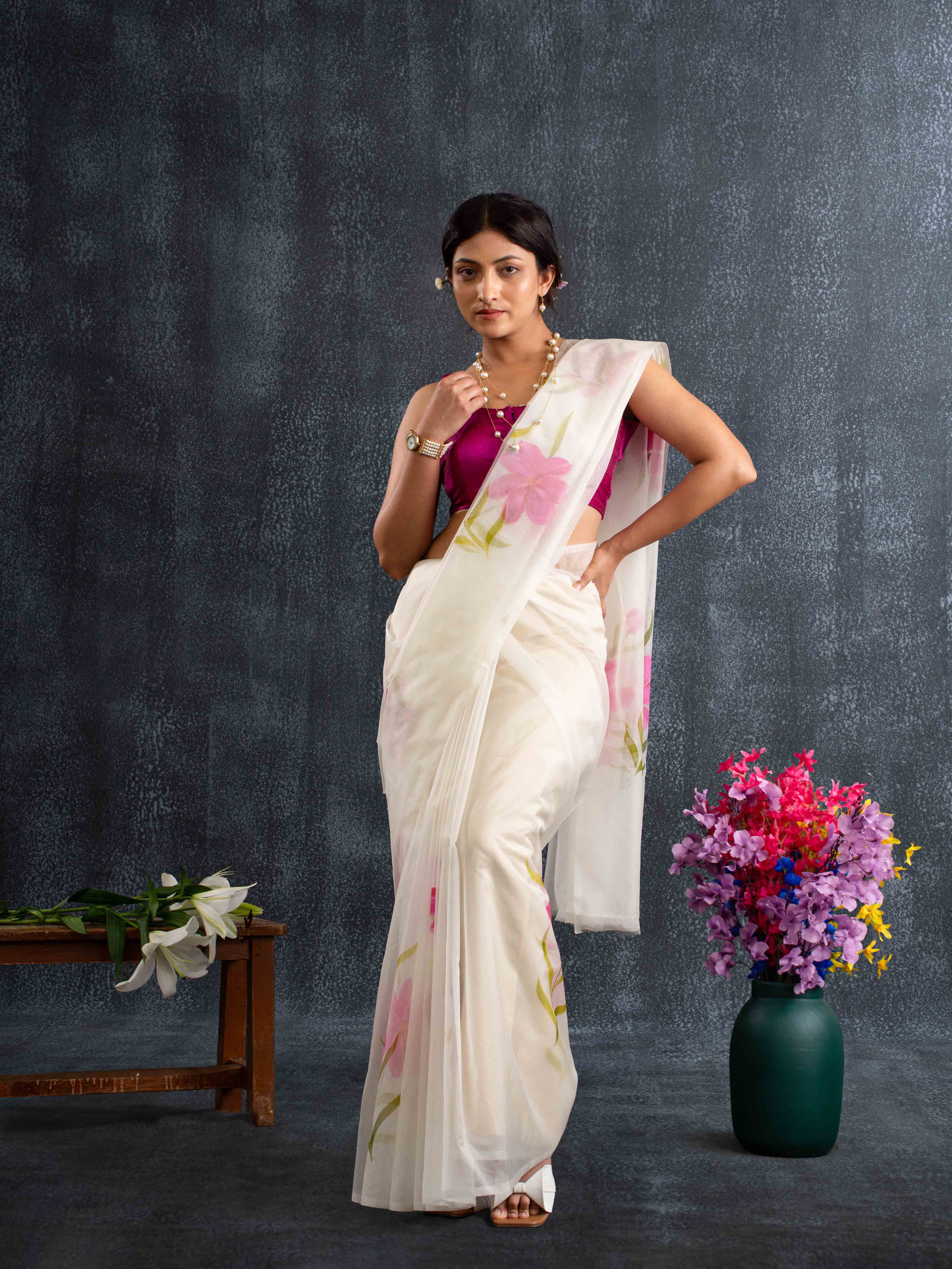 Flowy Organza Silk Hand-Painted Saree – White & Rose