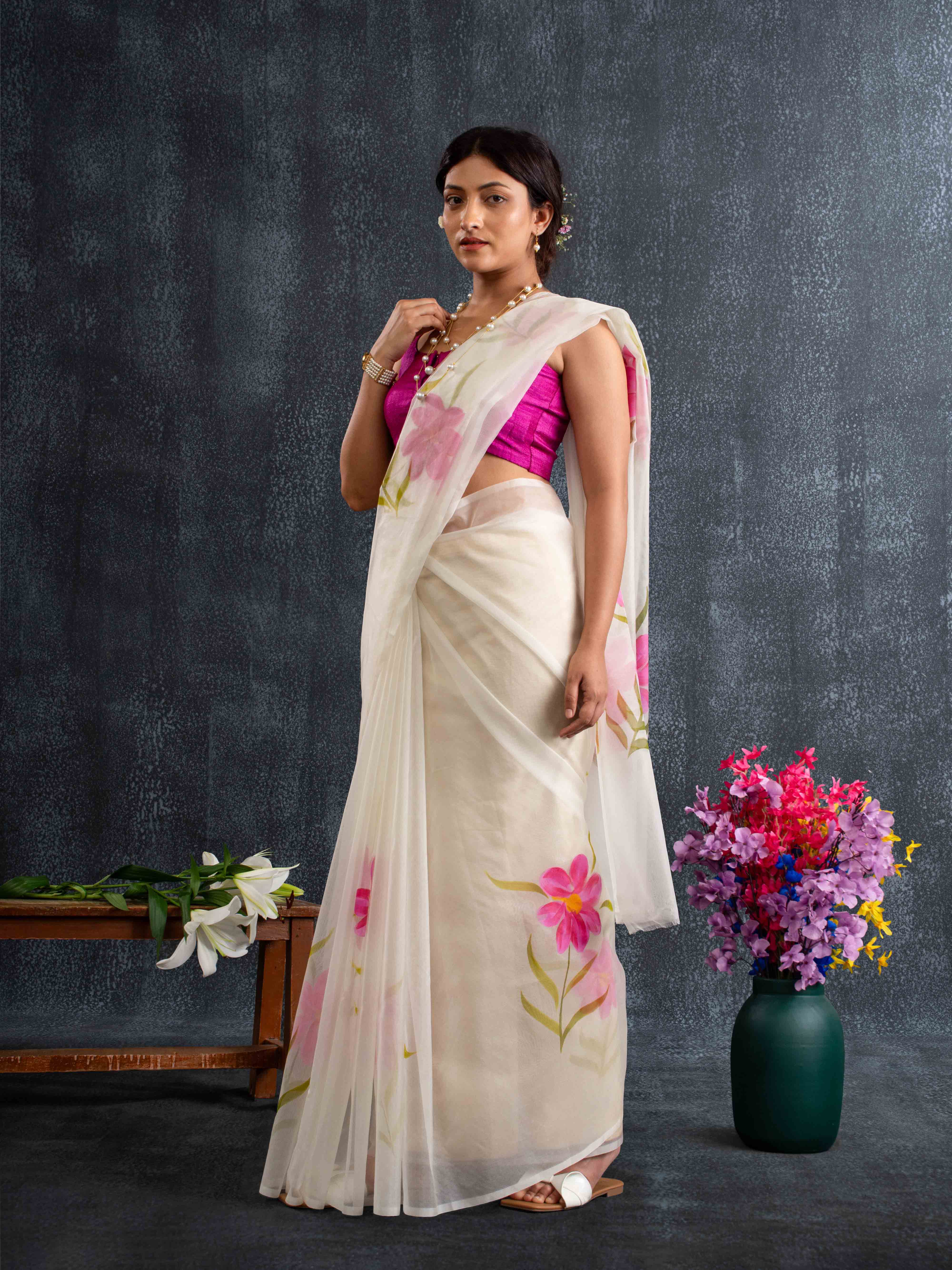 Flowy Organza Silk Hand-Painted Saree – White & Rose