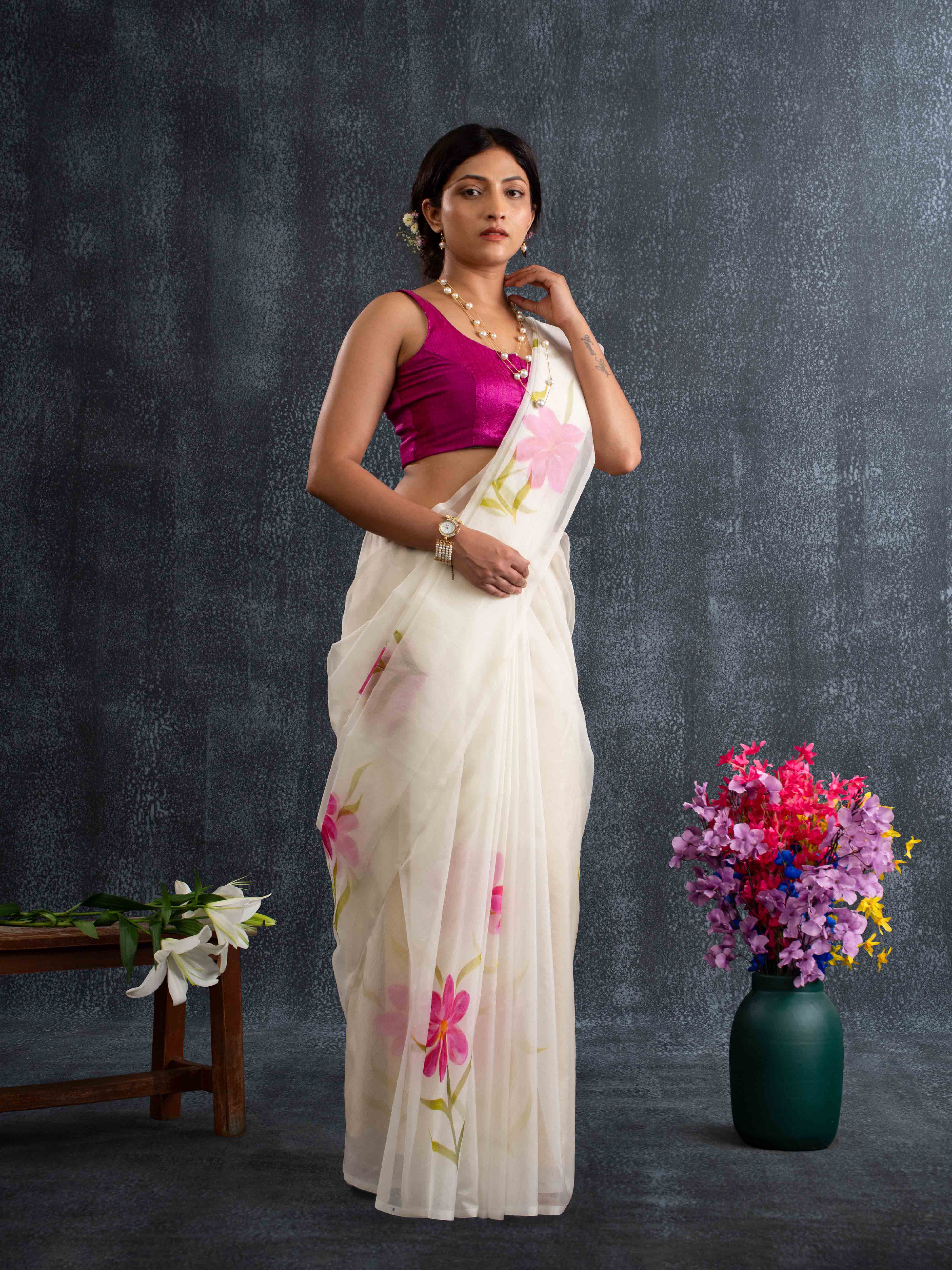 Flowy Organza Silk Hand-Painted Saree – White & Rose
