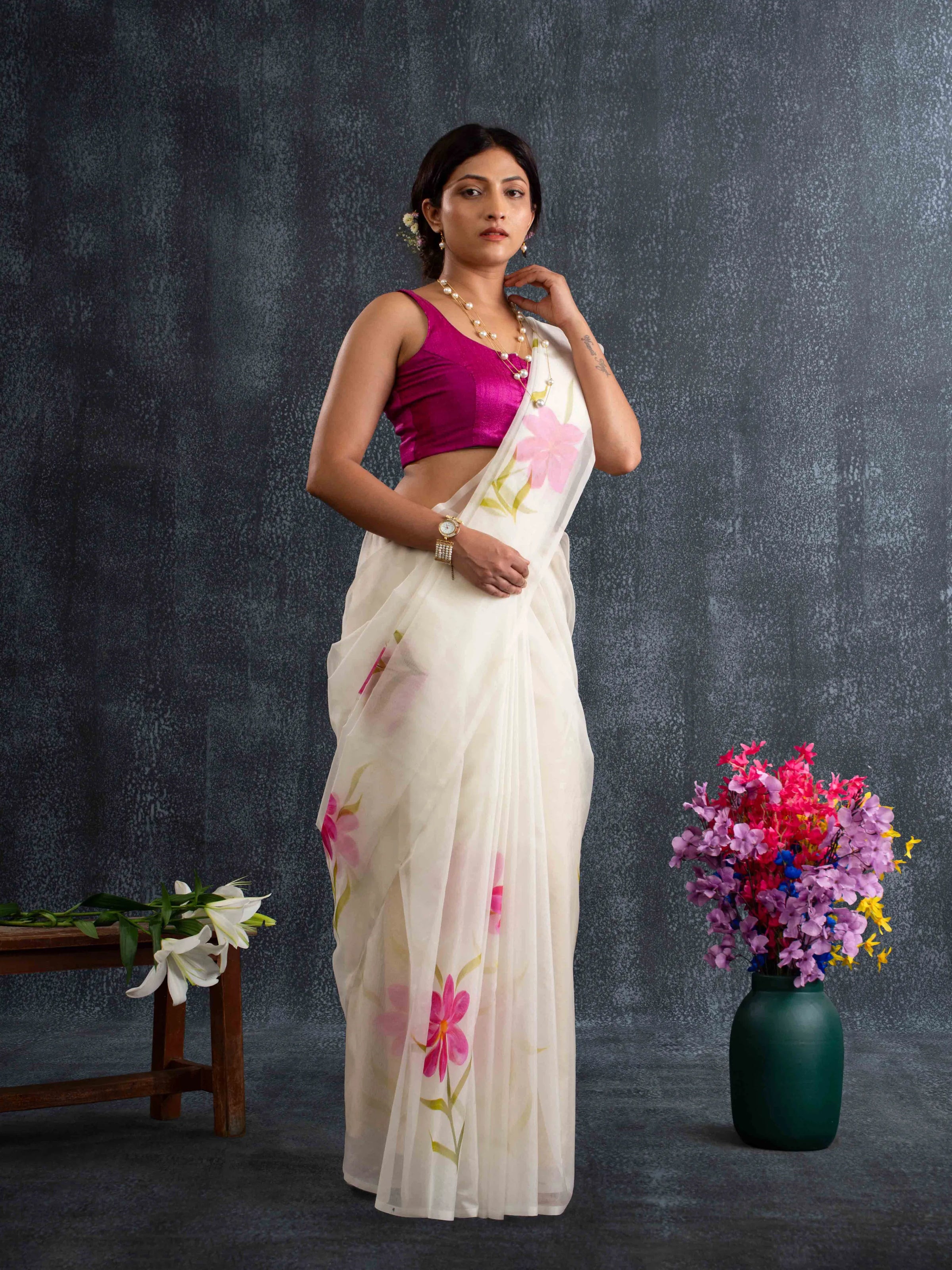 Flowy Organza Silk Hand-Painted Saree – White & Rose