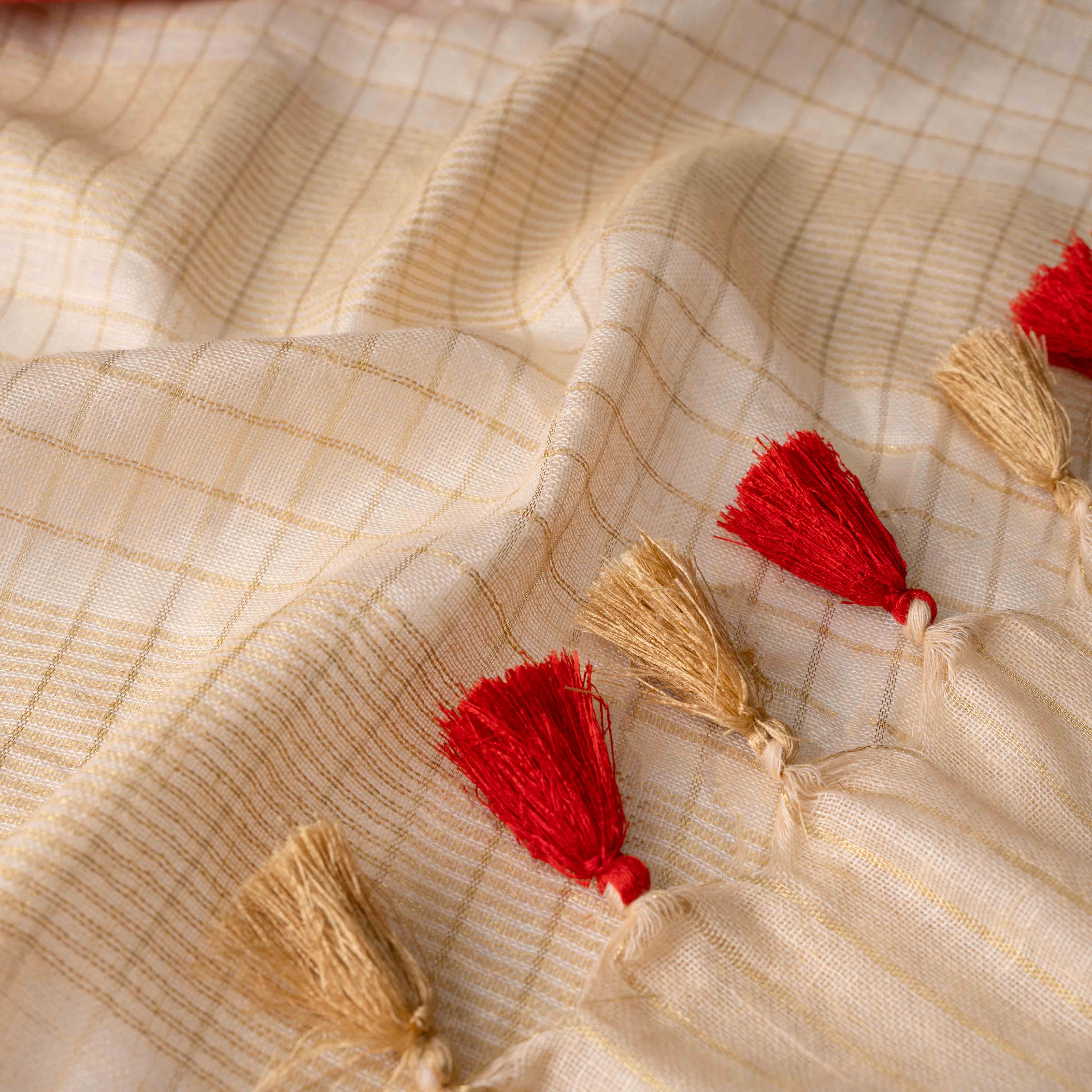 Cloud-like Self-Weave Textured Linen Saree in Cream with Gold Border