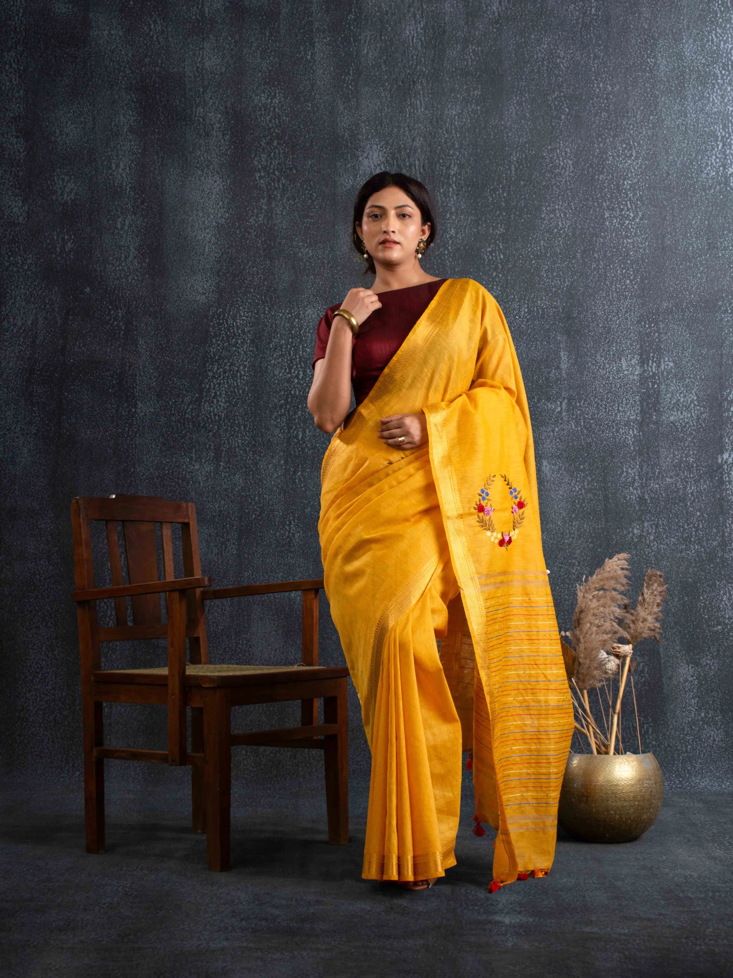 Velvety Linen Silk Saree in Mustard Yellow with Floral Embroidery