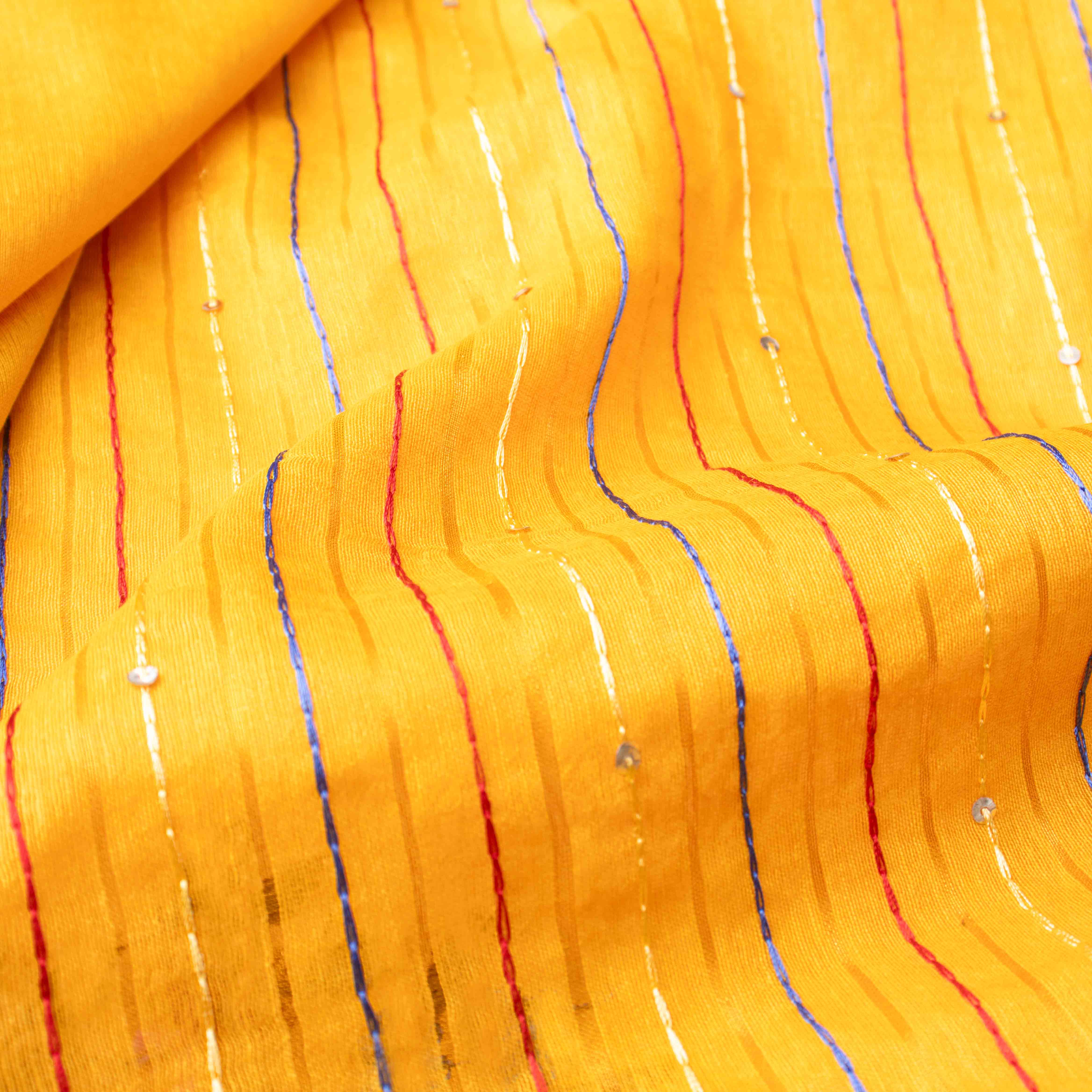 Velvety Linen Silk Saree in Mustard Yellow with Floral Embroidery