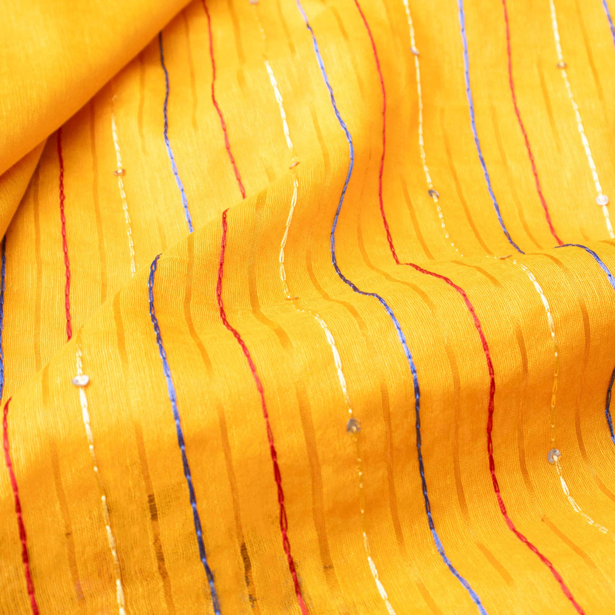 Velvety Linen Silk Saree in Mustard Yellow with Floral Embroidery