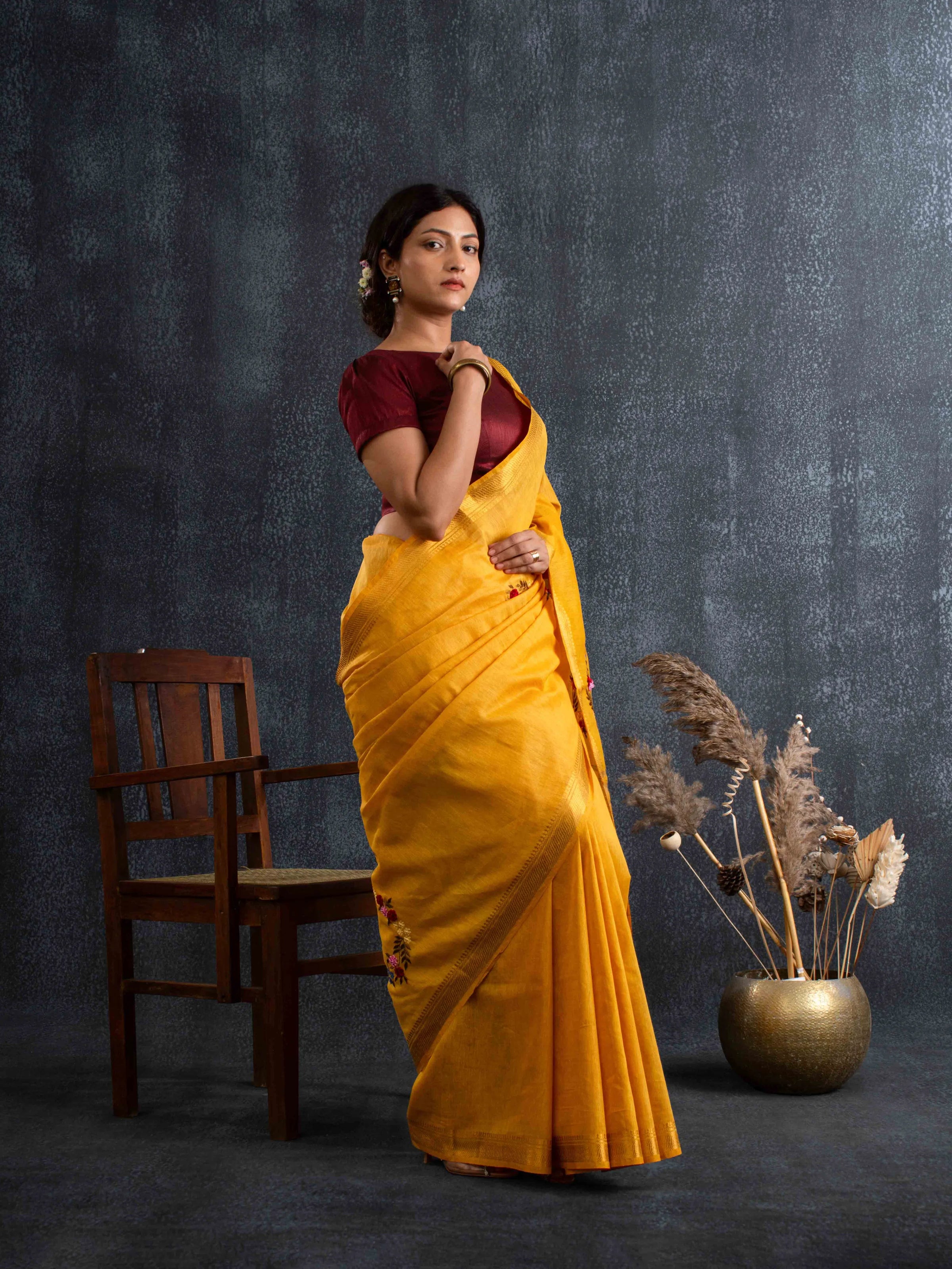 Velvety Linen Silk Saree in Mustard Yellow with Floral Embroidery