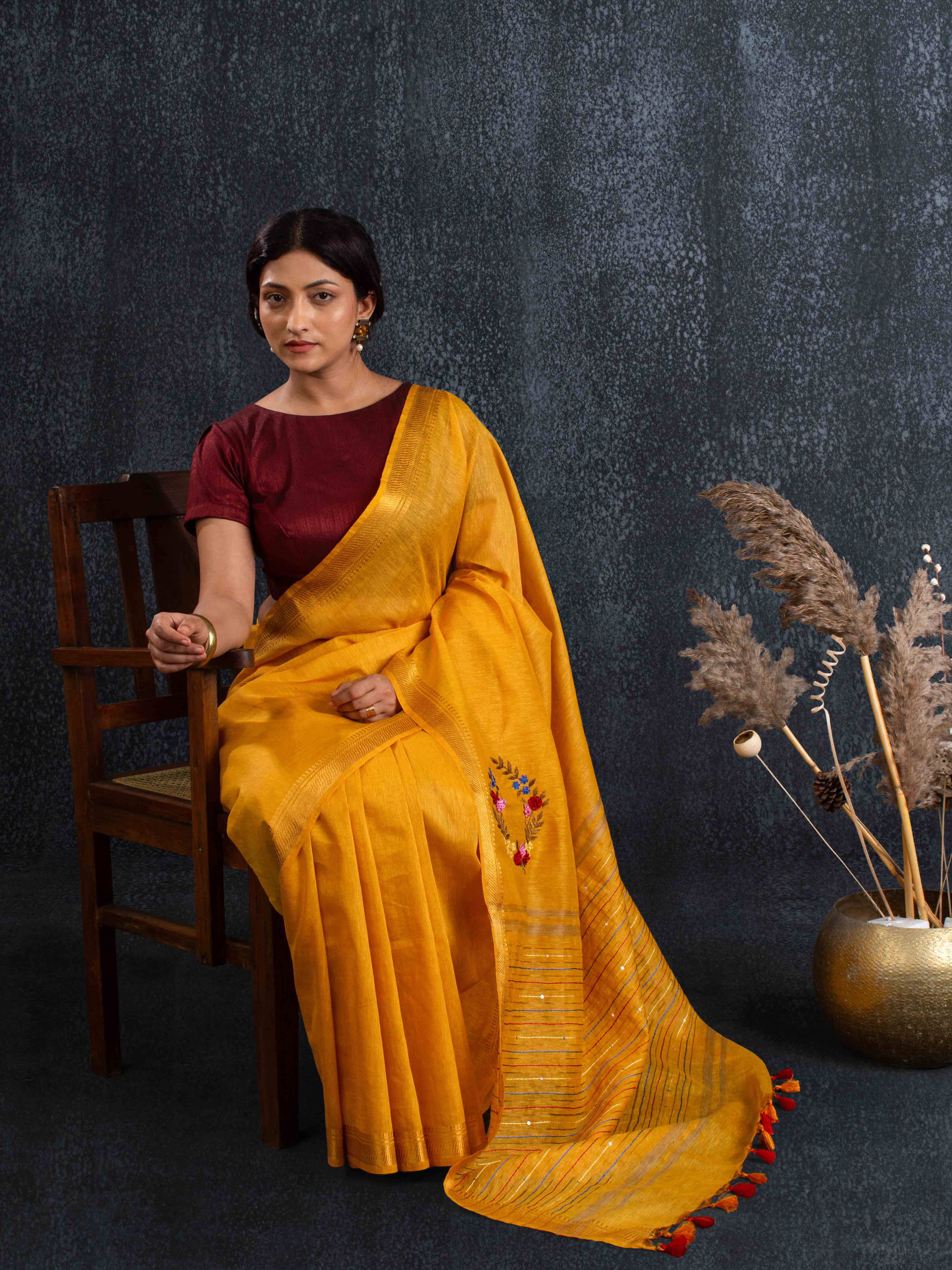 Velvety Linen Silk Saree in Mustard Yellow with Floral Embroidery