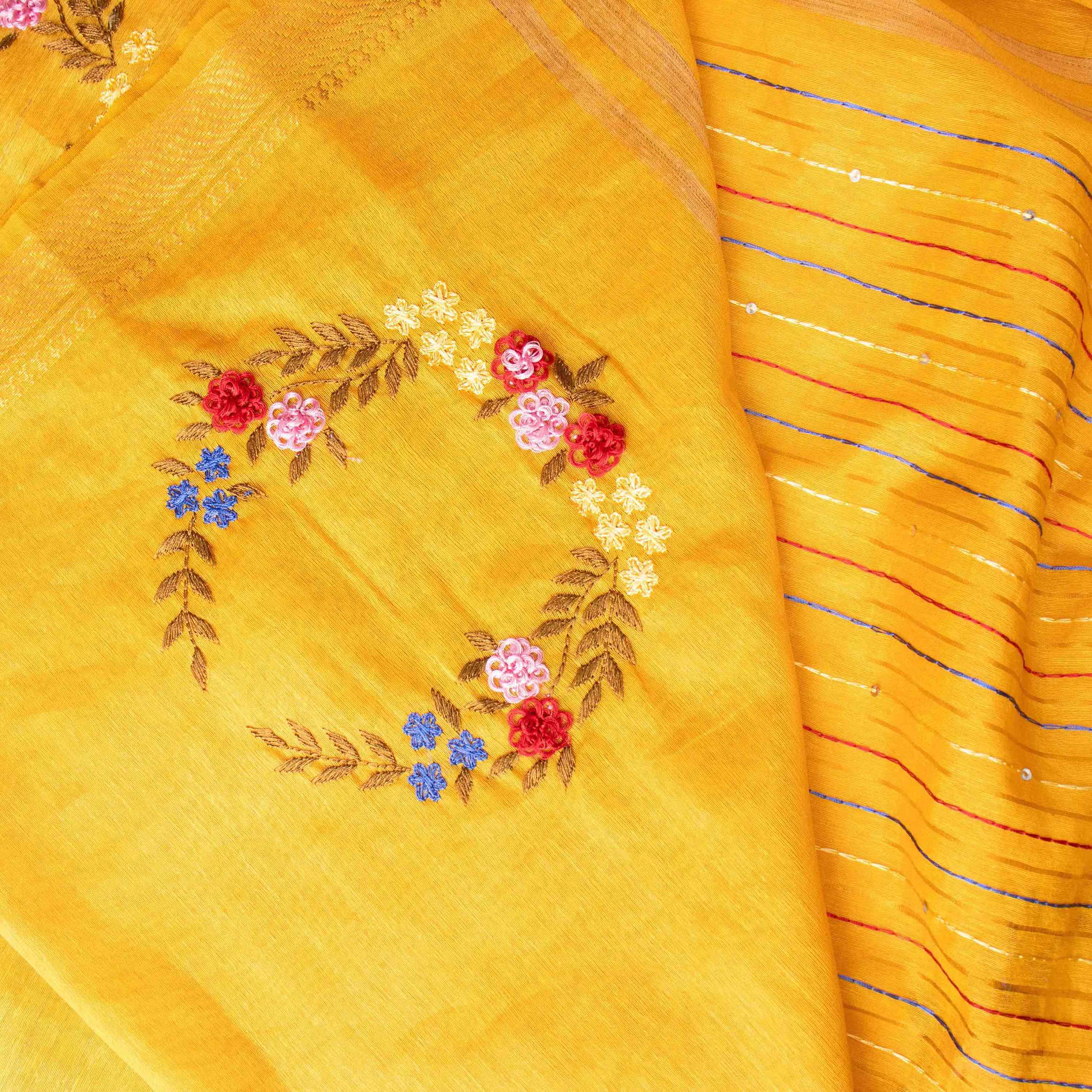 Velvety Linen Silk Saree in Mustard Yellow with Floral Embroidery