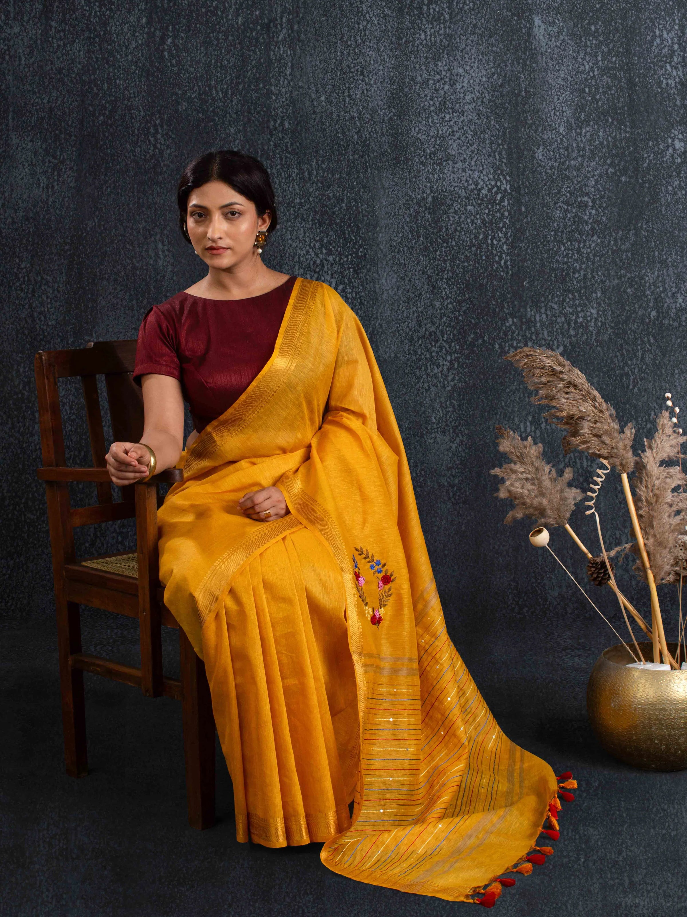 Velvety Linen Silk Saree in Mustard Yellow with Floral Embroidery