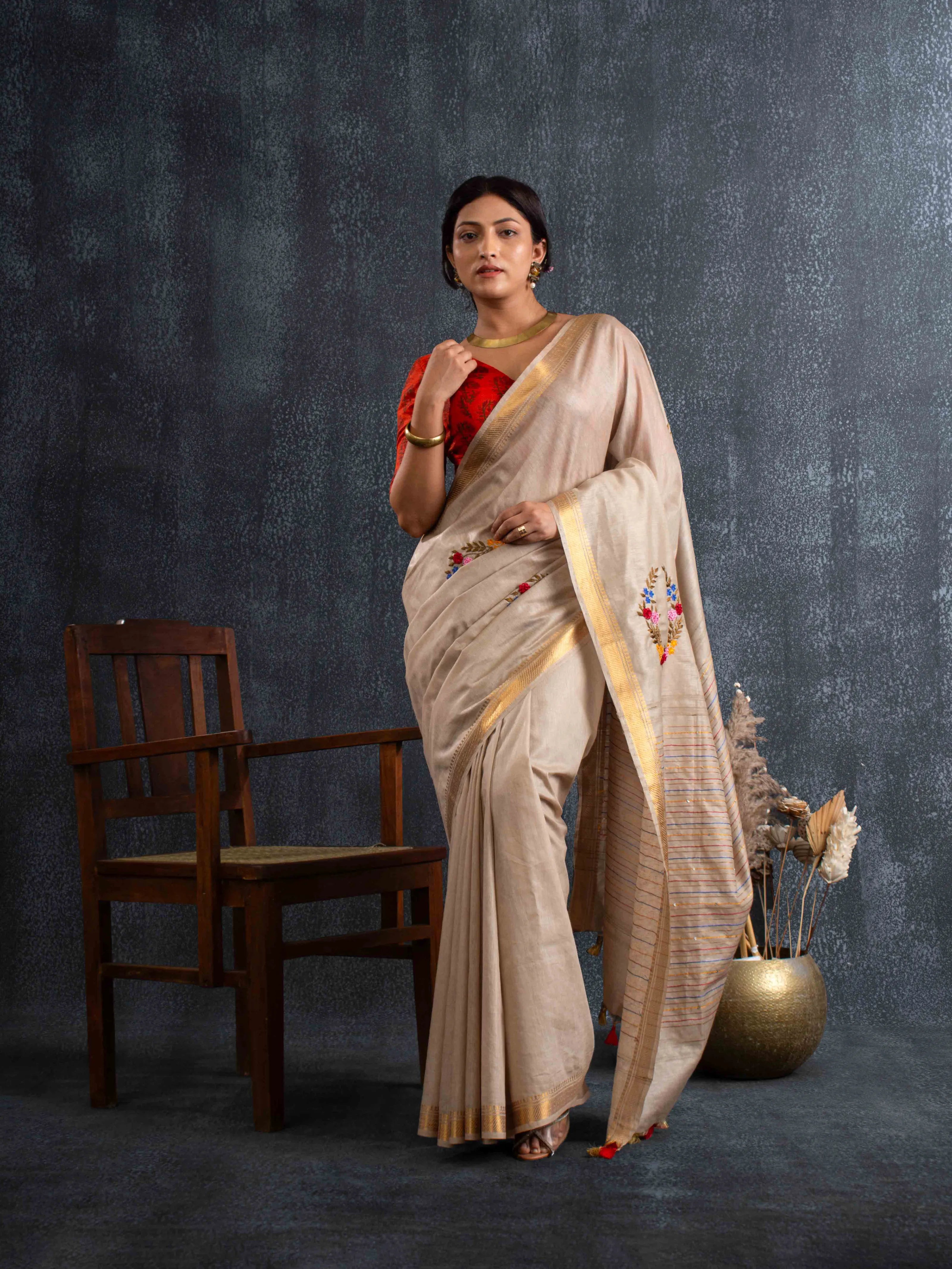 Velvety Linen Silk Saree in Beige with Floral Embroidery