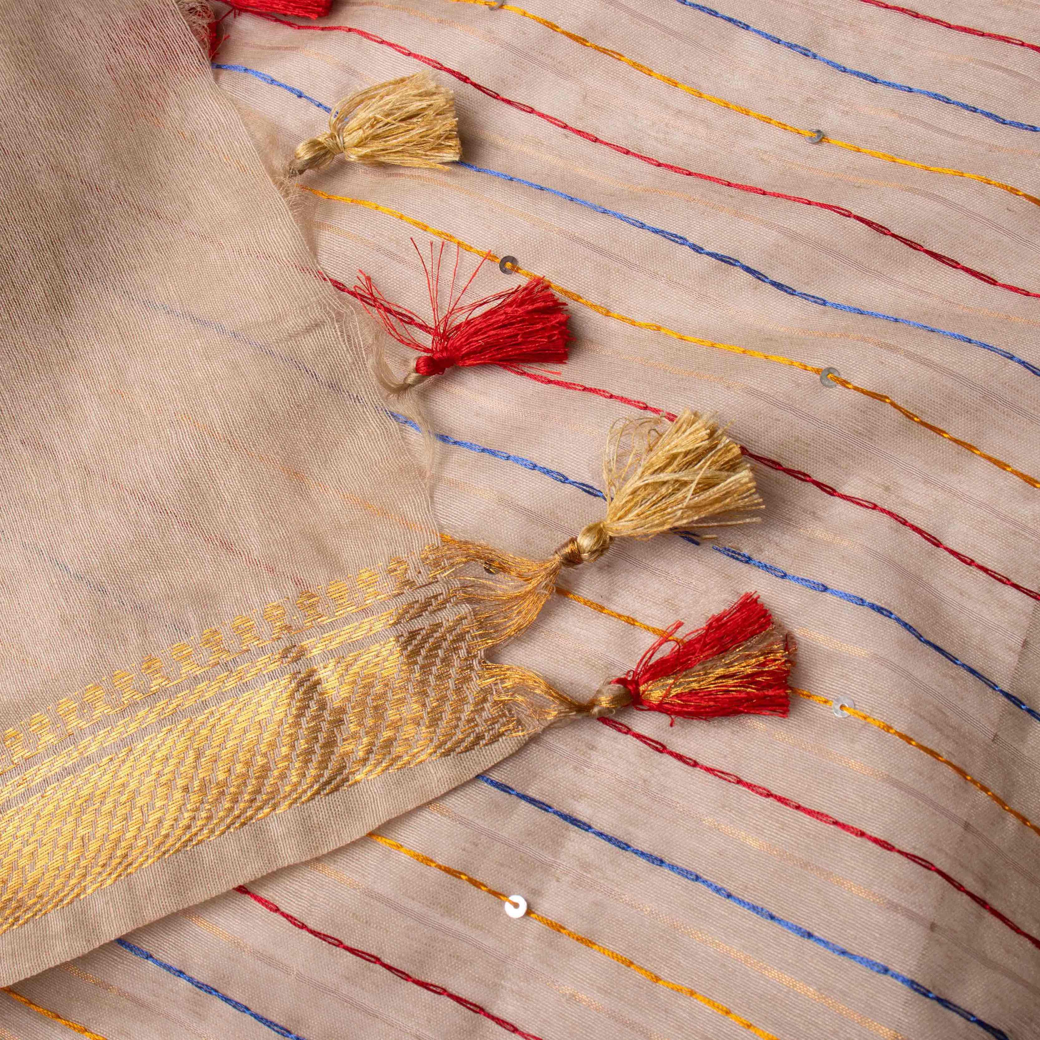 Velvety Linen Silk Saree in Beige with Floral Embroidery